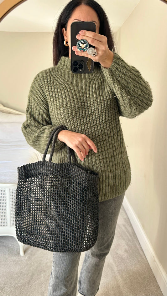 Zara black woven hessian shopper bag handbag large