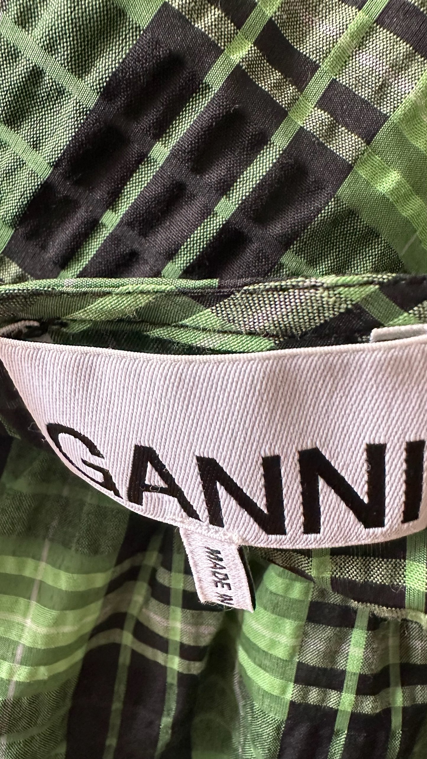 Ganni green black check bow tie front mini dress small UK 8 vgc w25