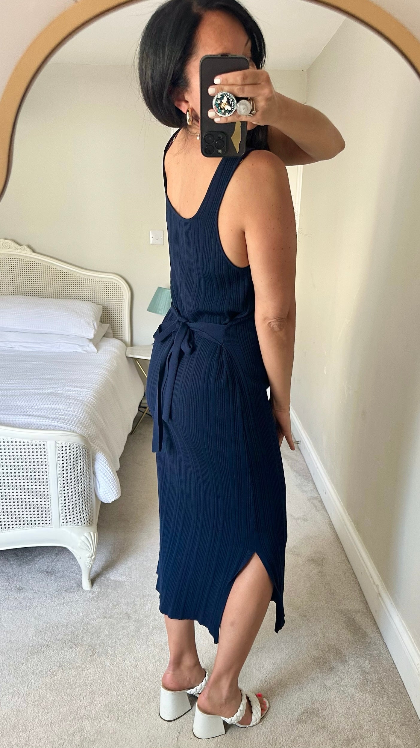 Oliver Bonas navy blue ribbed tie belt midi dress small UK 8-10 vgc