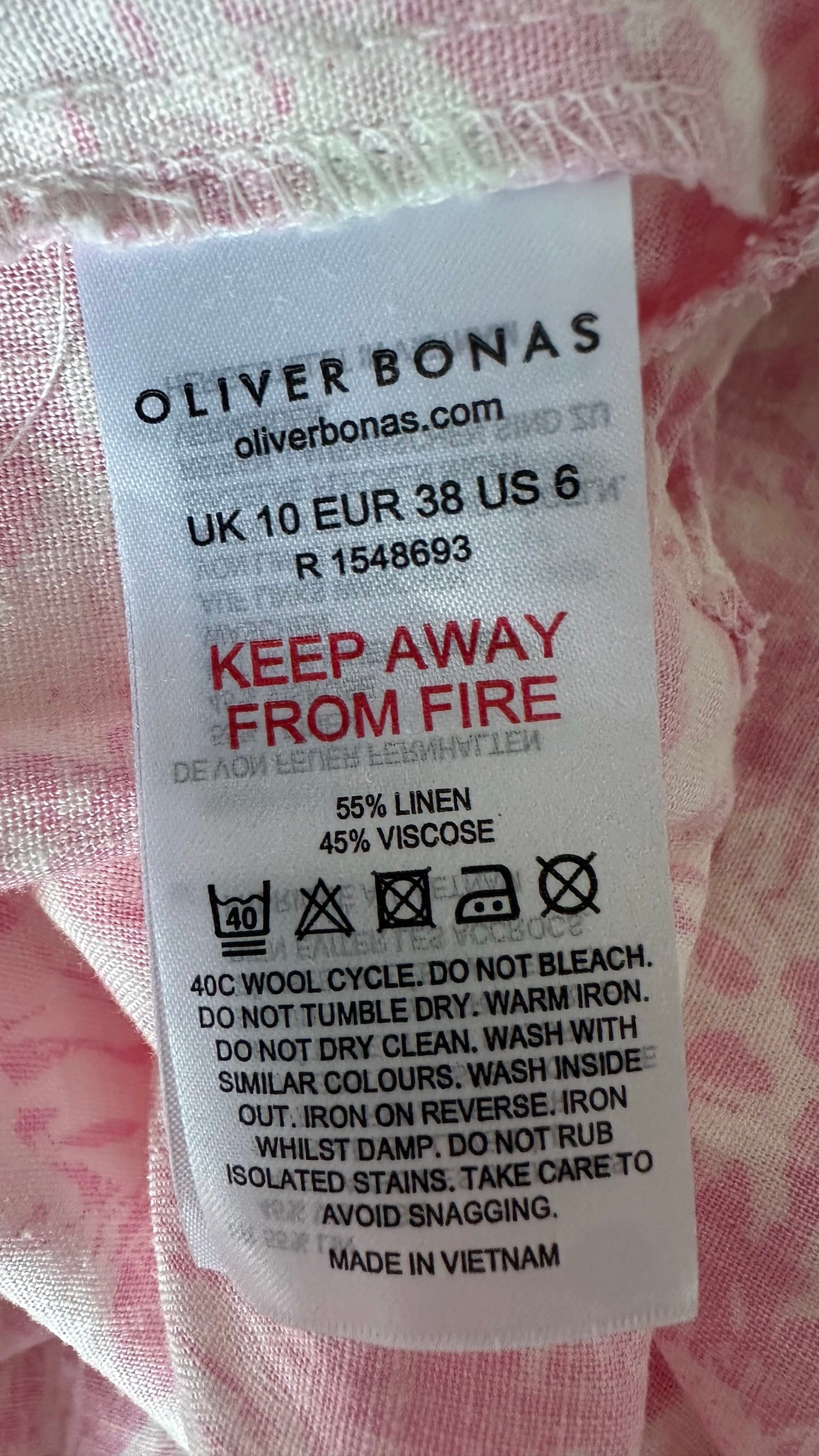 Oliver bonas white pink floral linen blend holiday dress medium UK 10 vgc