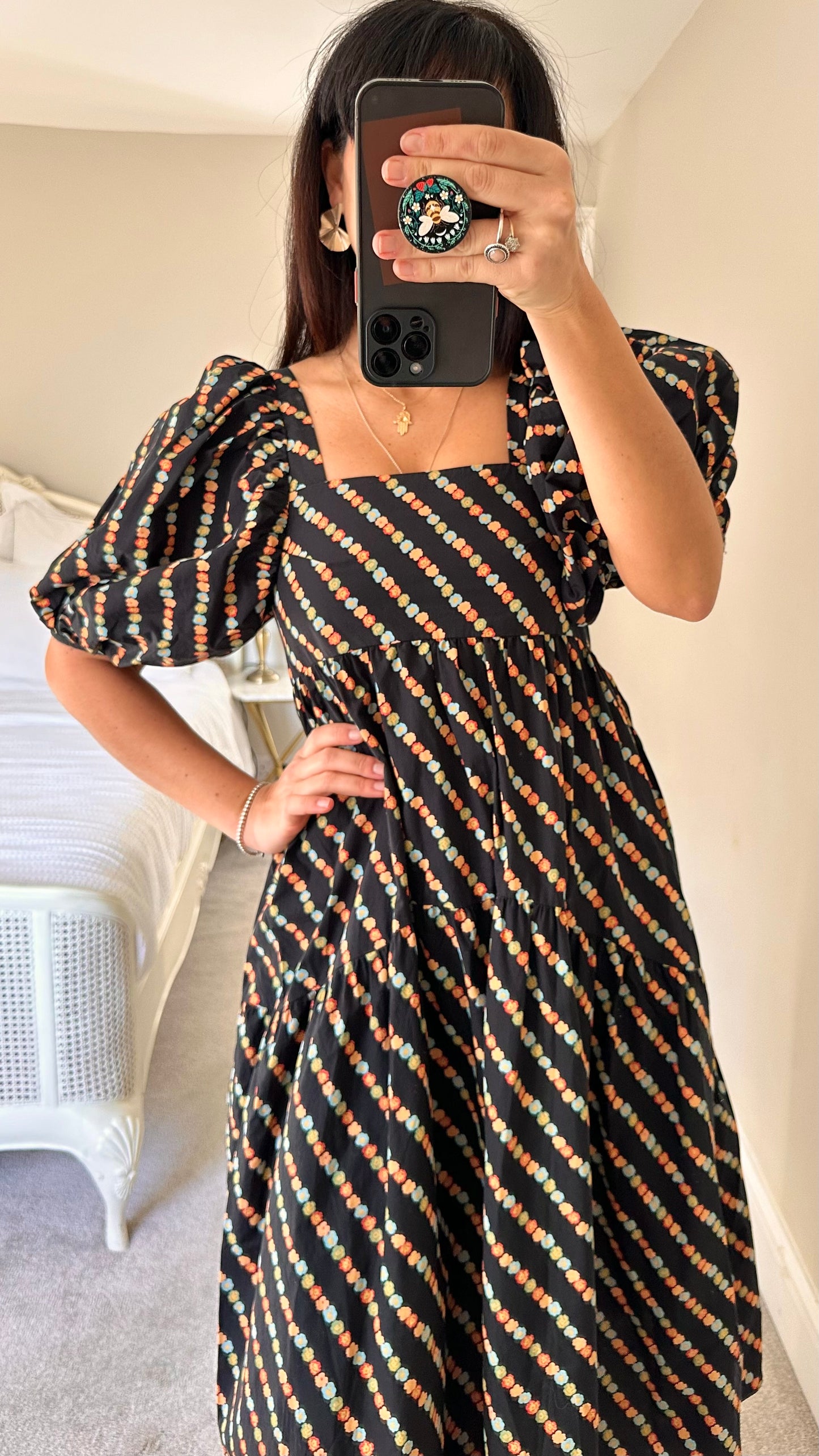 Topshop black orange diagonal floral backless midi tiered dress medium UK 10 vgc