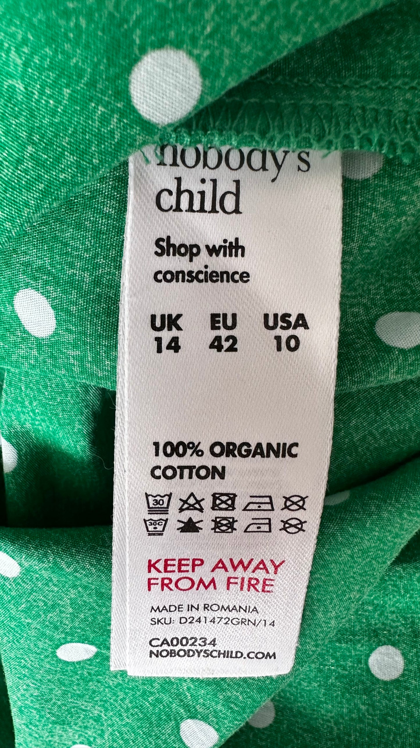 Nobody’s Child bright green white polka dot midi dress medium UK 14 vgc
