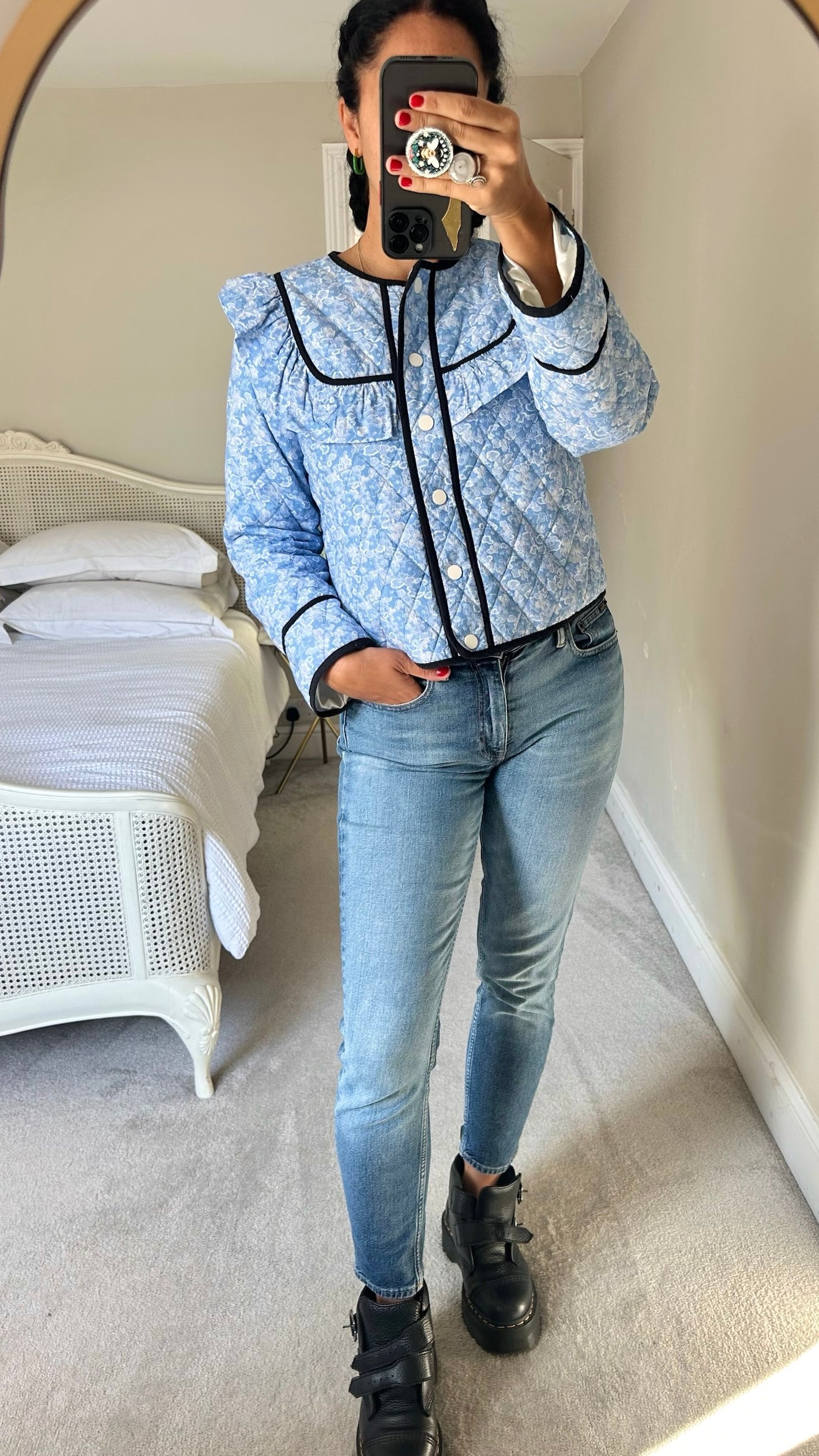 Ganni @ Net a Porter light blue floral patchwork quilted jacket coat large UK 12 vgc w25