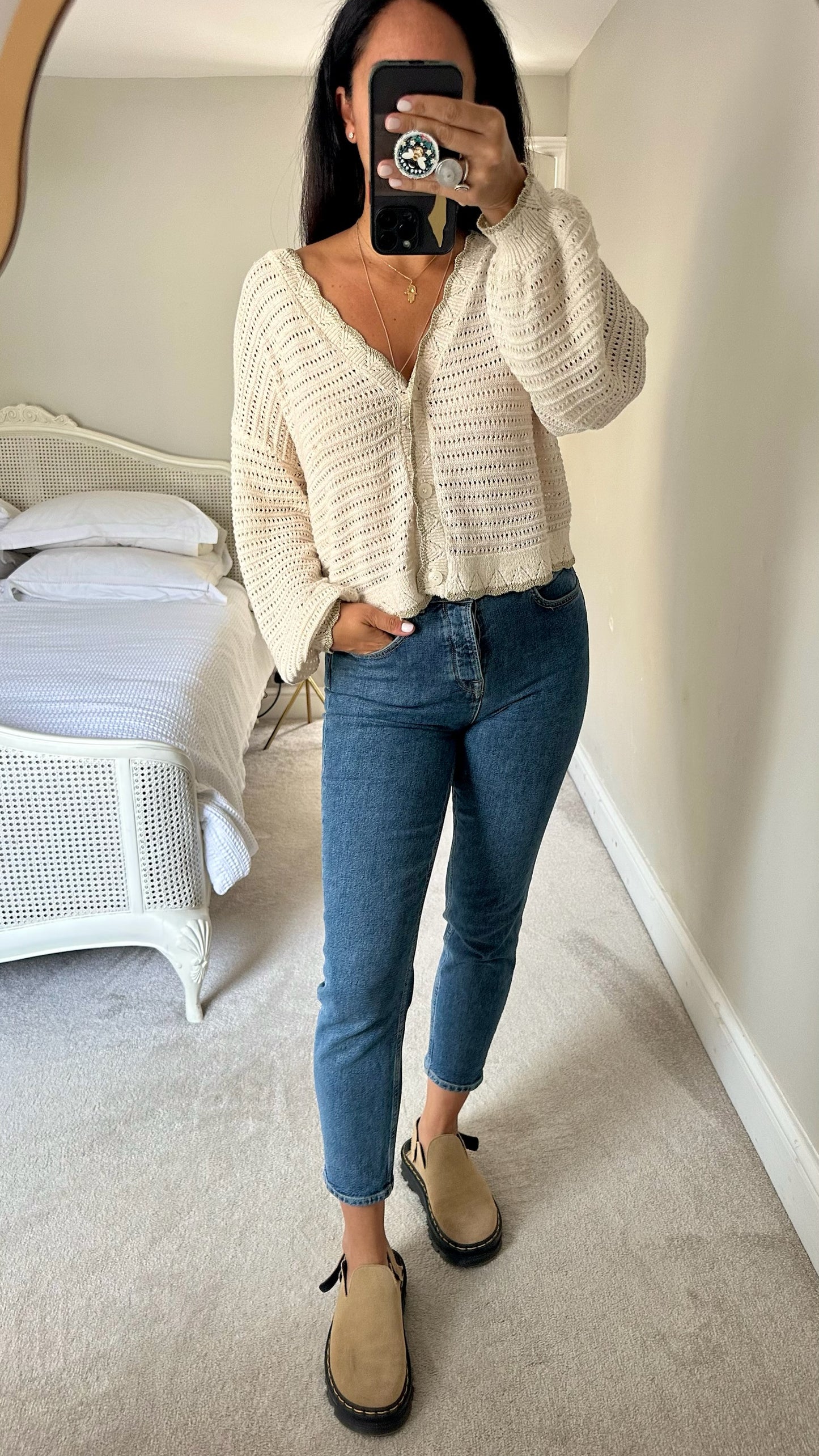 Oliver bonas cream gold crochet organic cotton knitted cardigan jumper large UK 12-14 vgc w25