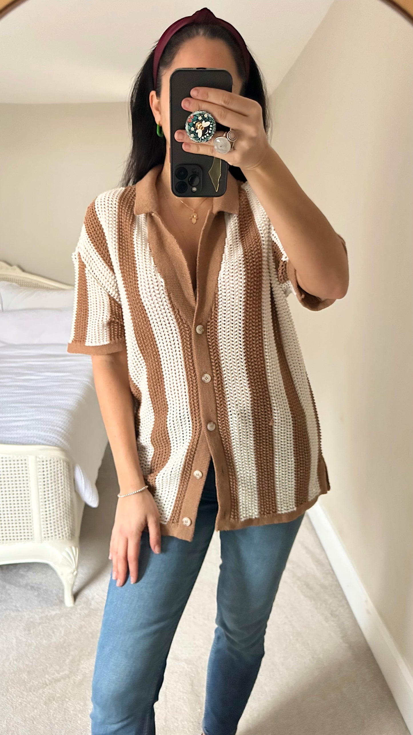 Anthropologie light brown cream white crochet stripe knitted top extra large UK 14 vgc