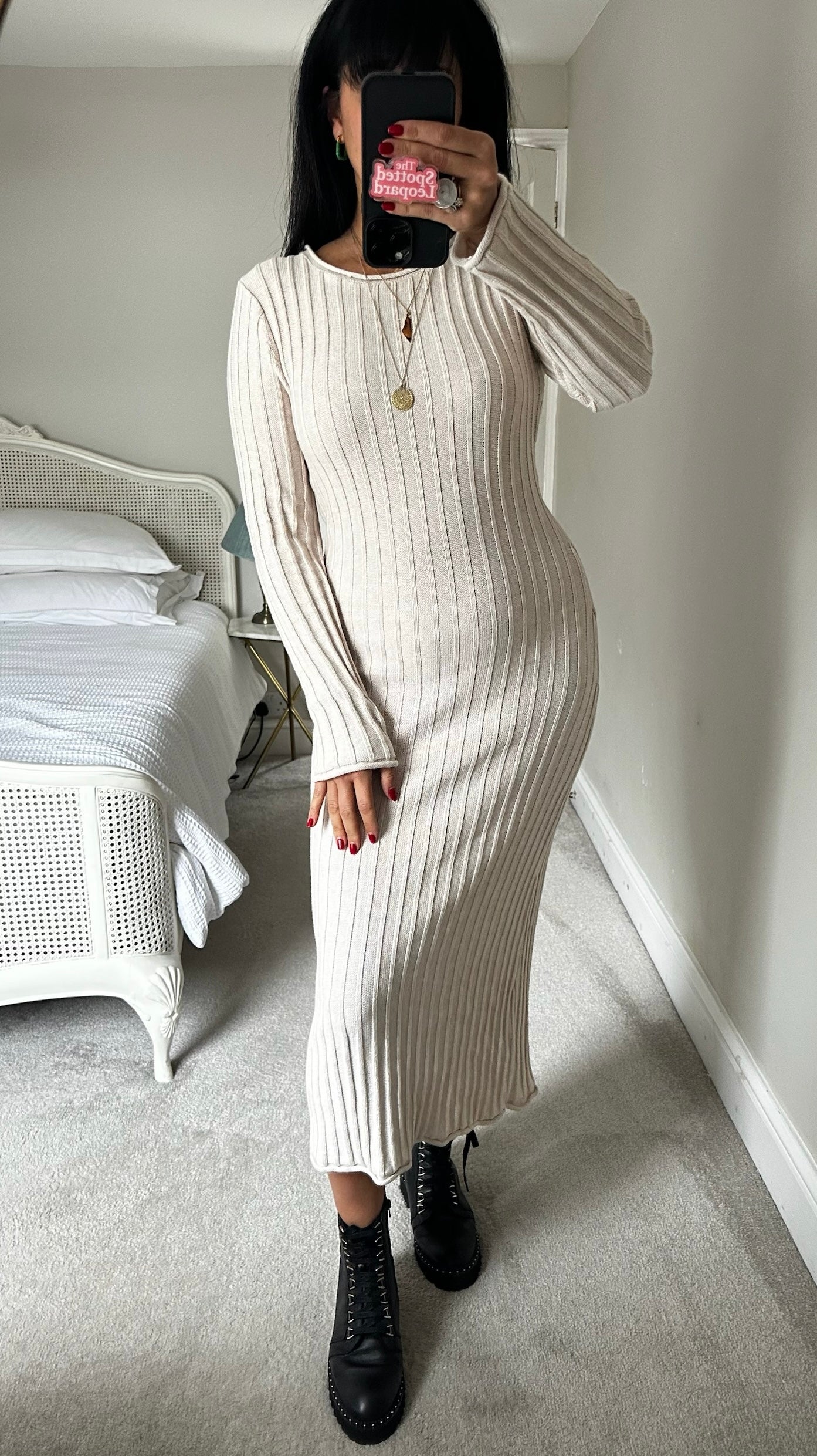 Mango beige cream ribbed knitted long midi dress UK 10 vgc