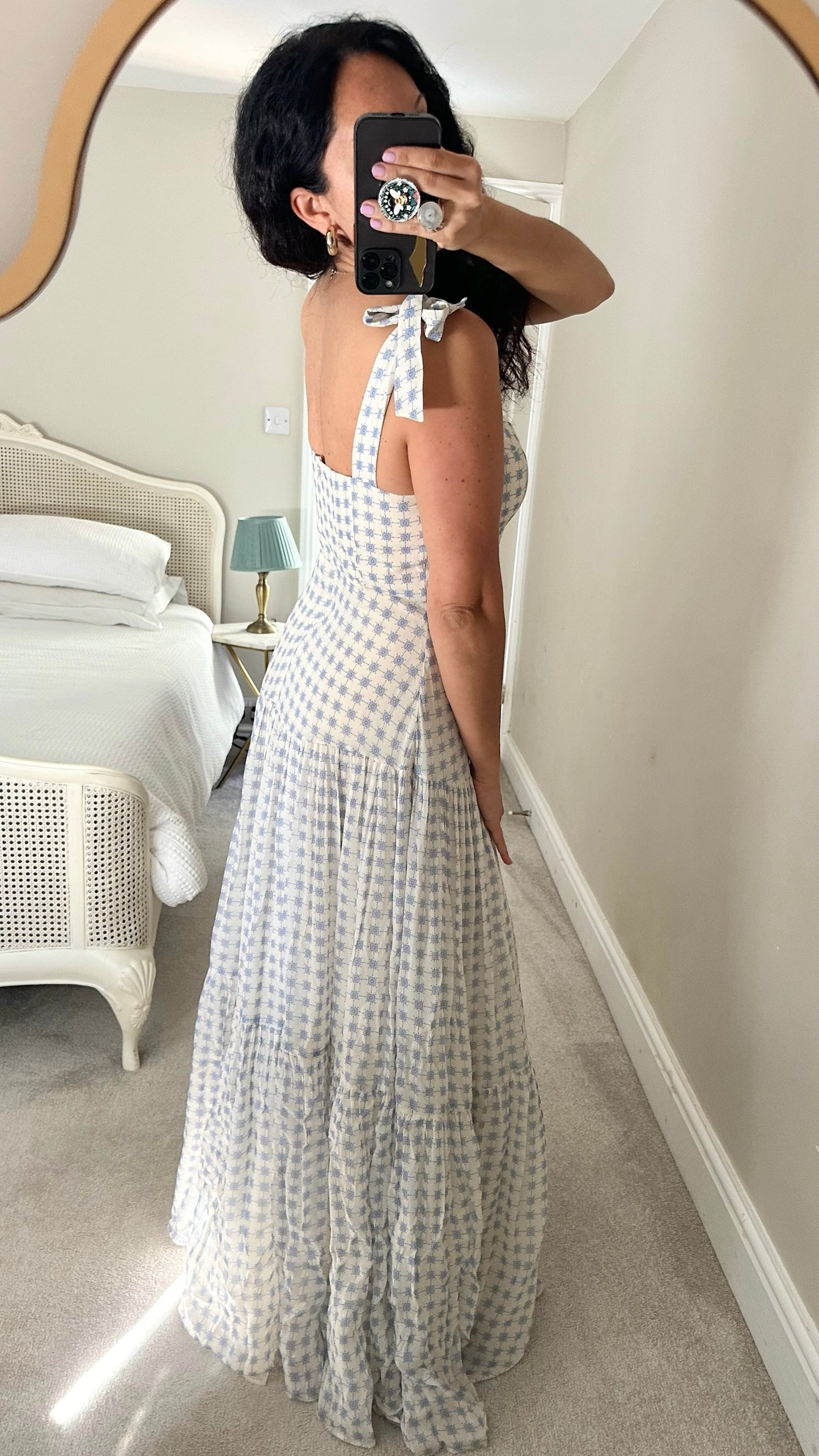 By Malina @Harvey Nichols cream blue print tiered maxi dress wedding guest small medium SM UK 8-10 vgc