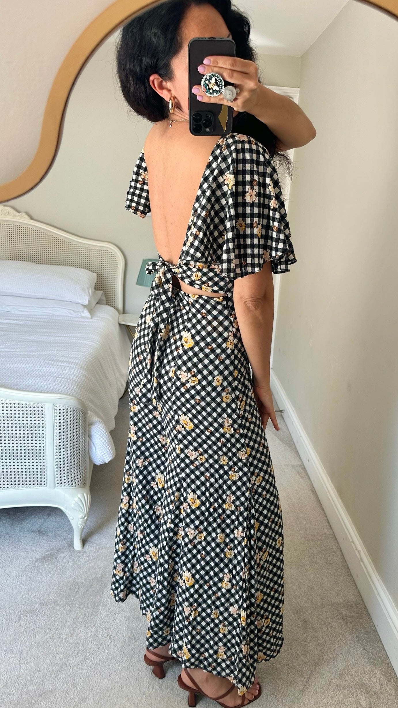 Free people @Anthropologie black white yellow gingham tie back jumpsuit small S UK 8-10 vgc