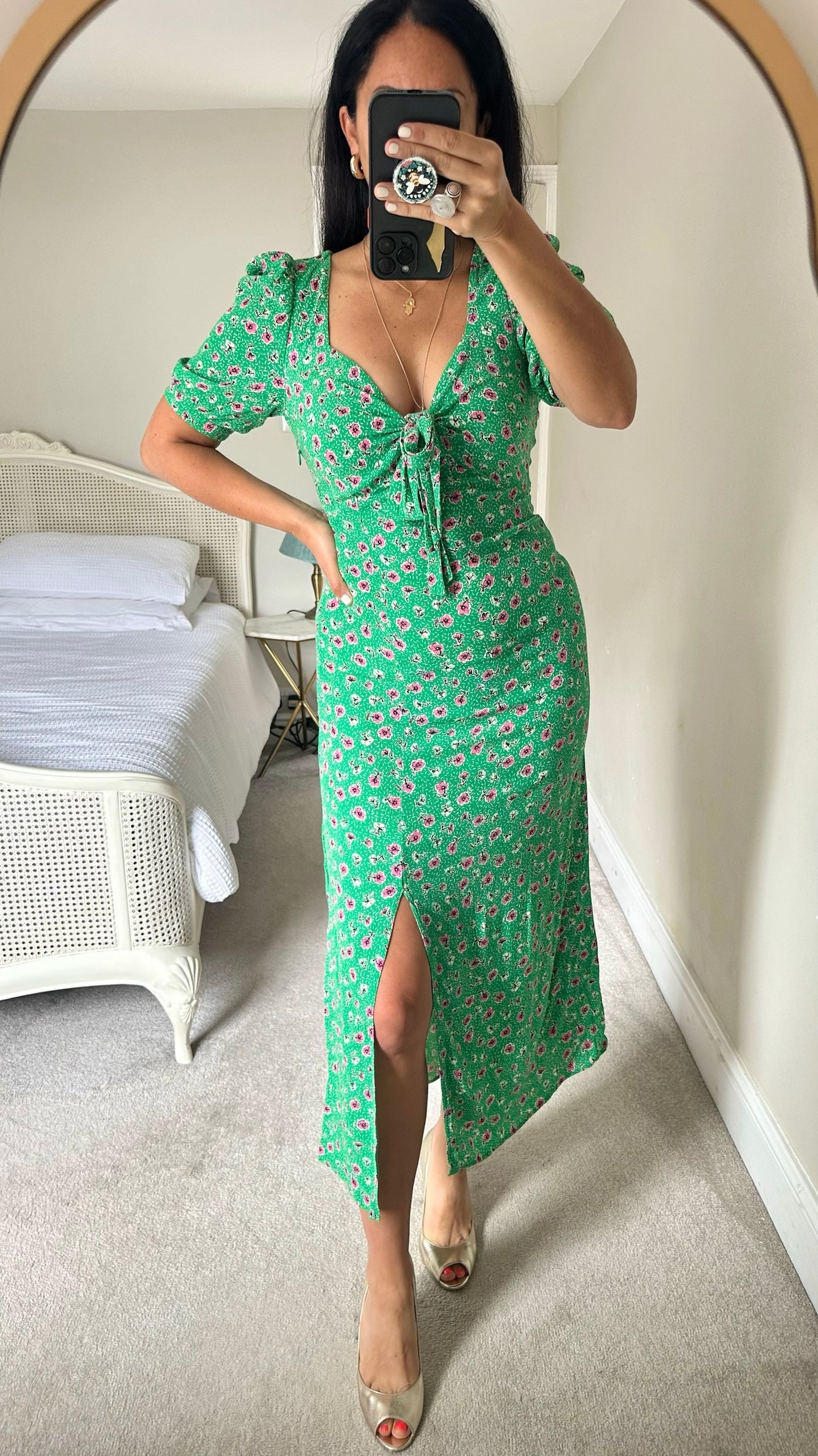 Nobody’s child green pink floral tie front side split maxi dress medium M UK 10 as new condition