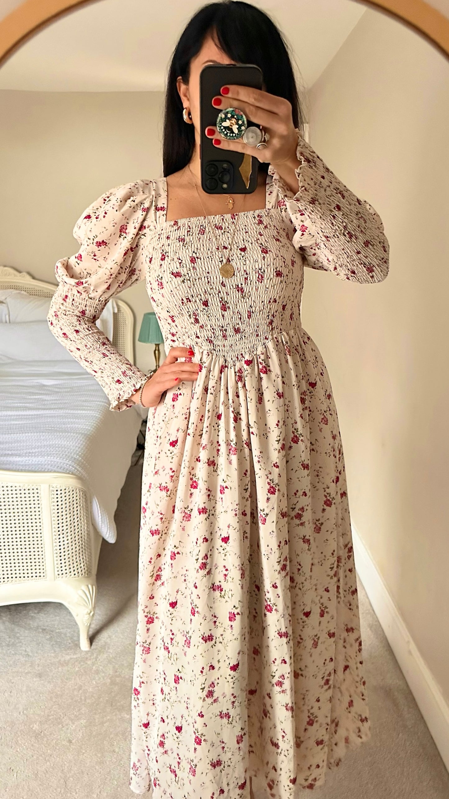 Sister Jane cream burgundy floral ruched body long sleeve maxi dress wedding small S UK 8 10 vgc
