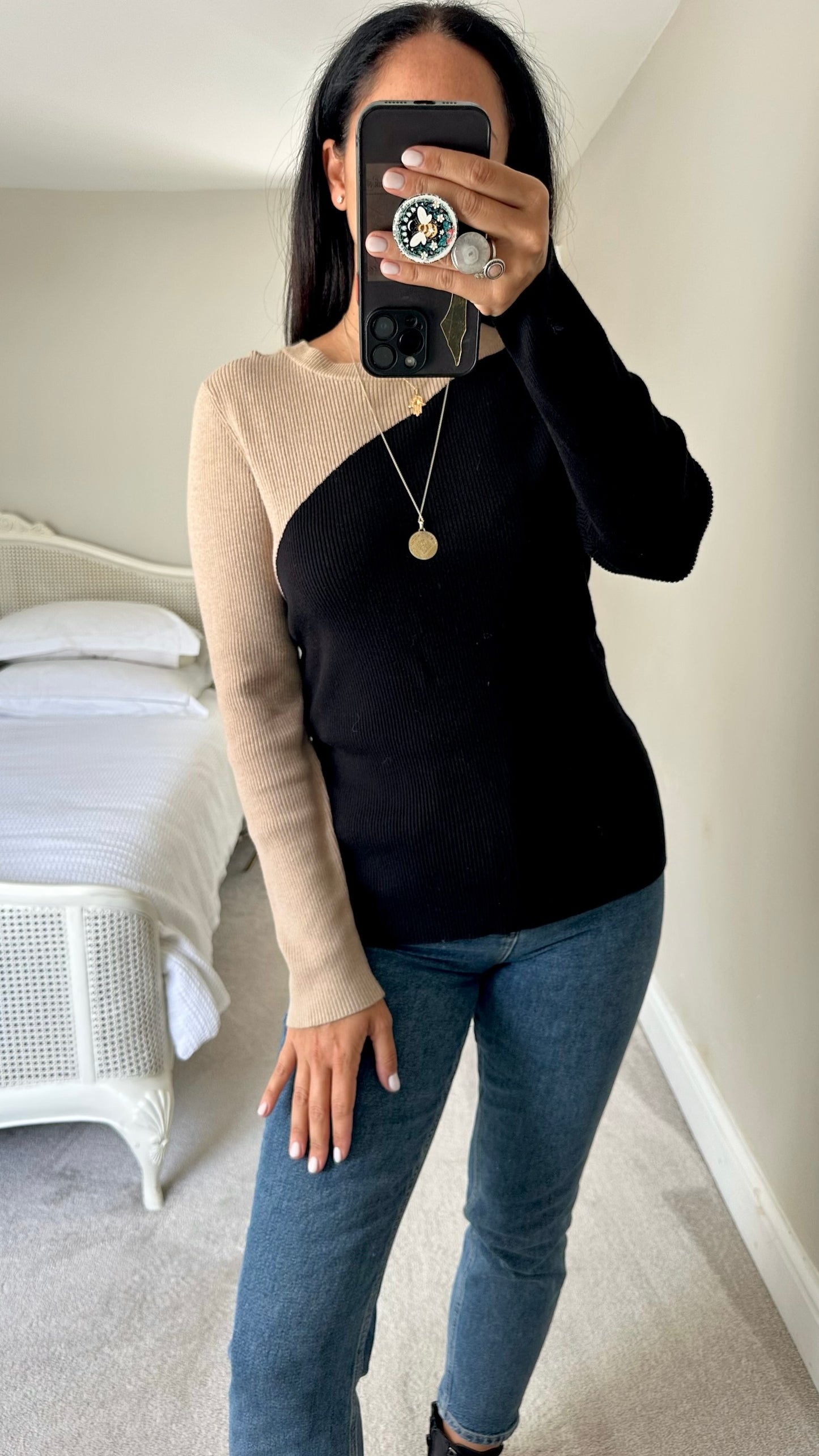 Mint velvet black beige contrast knitted jumper long sleeve top jumper extra large XL UK 14 excellent used condition
