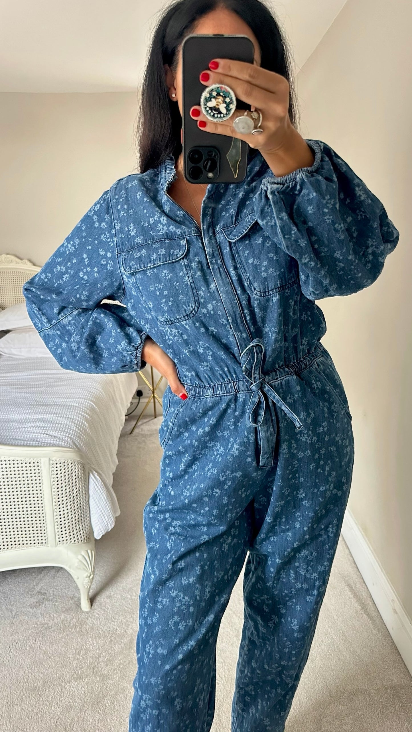 & other stories blue denim floral jumpsuit boiler suit playsuit extra large UK 14 vgc w25