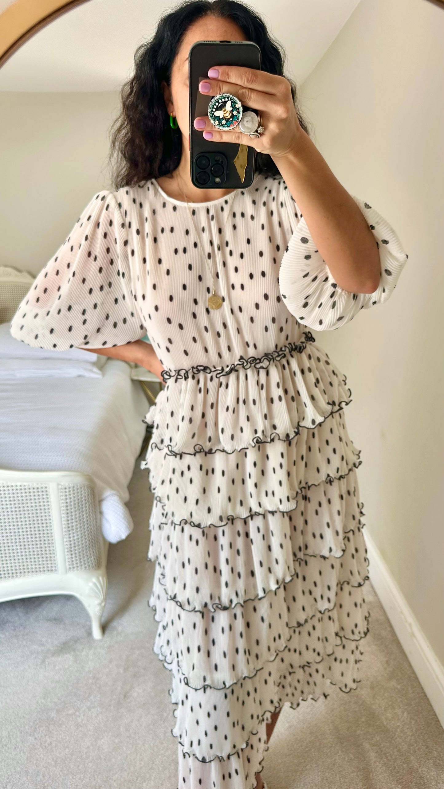 Ganni @ Net a Porter white cream black polka dot tiered maxi midi occasion event dress large UK 12 vgc