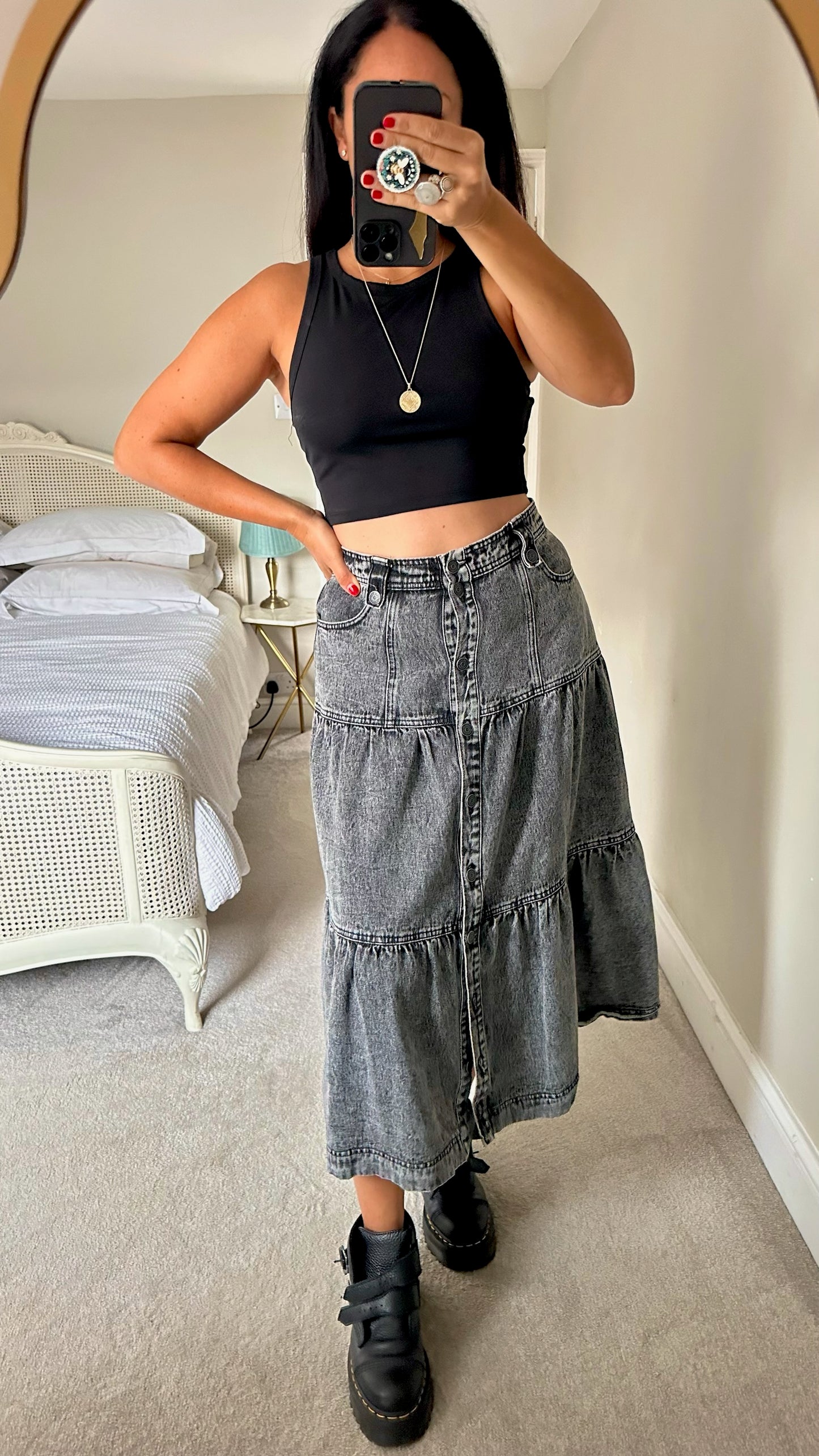 Object charcoal grey black tiered maxi denim skirt medium UK 10 vgc w25