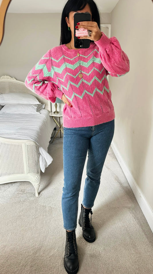 HUSH pink green zigzag stripe alpaca blend knitted jumper UK 12 vgc