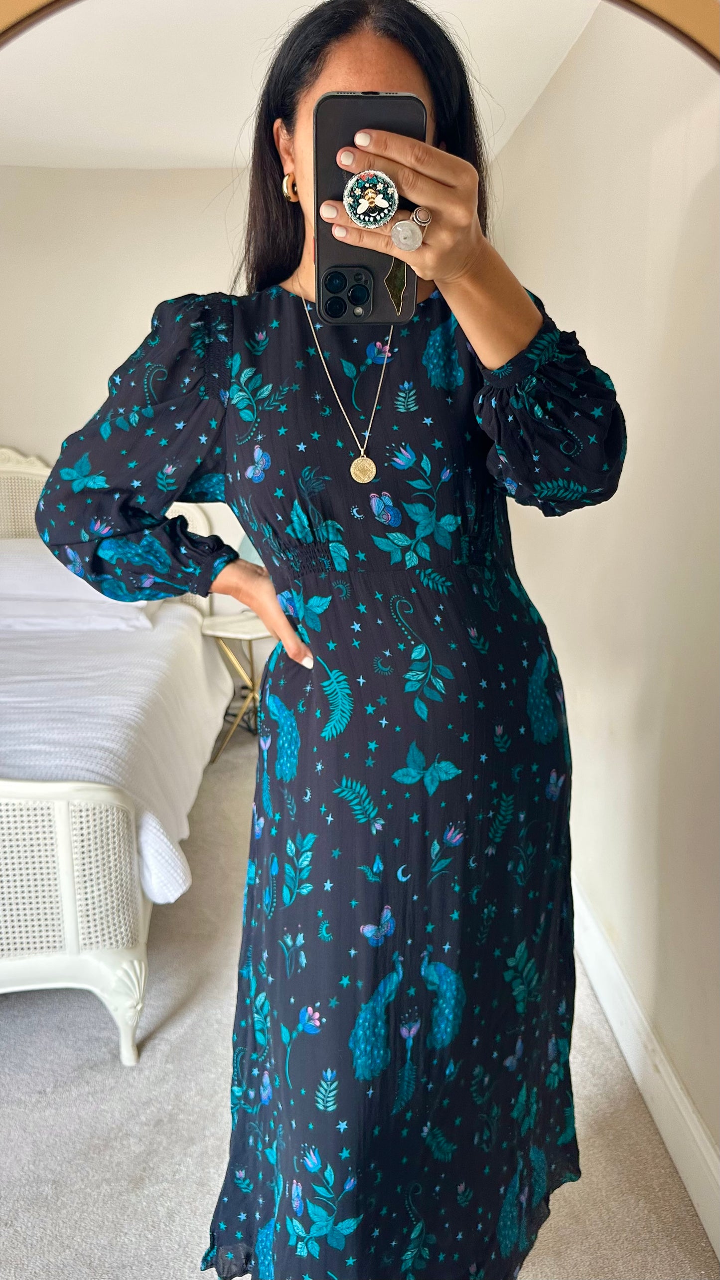 Oliver Bonas black turquoise blue peacock bird fern butterfly mystic gothic Faye dress large UK 12 event vgc
