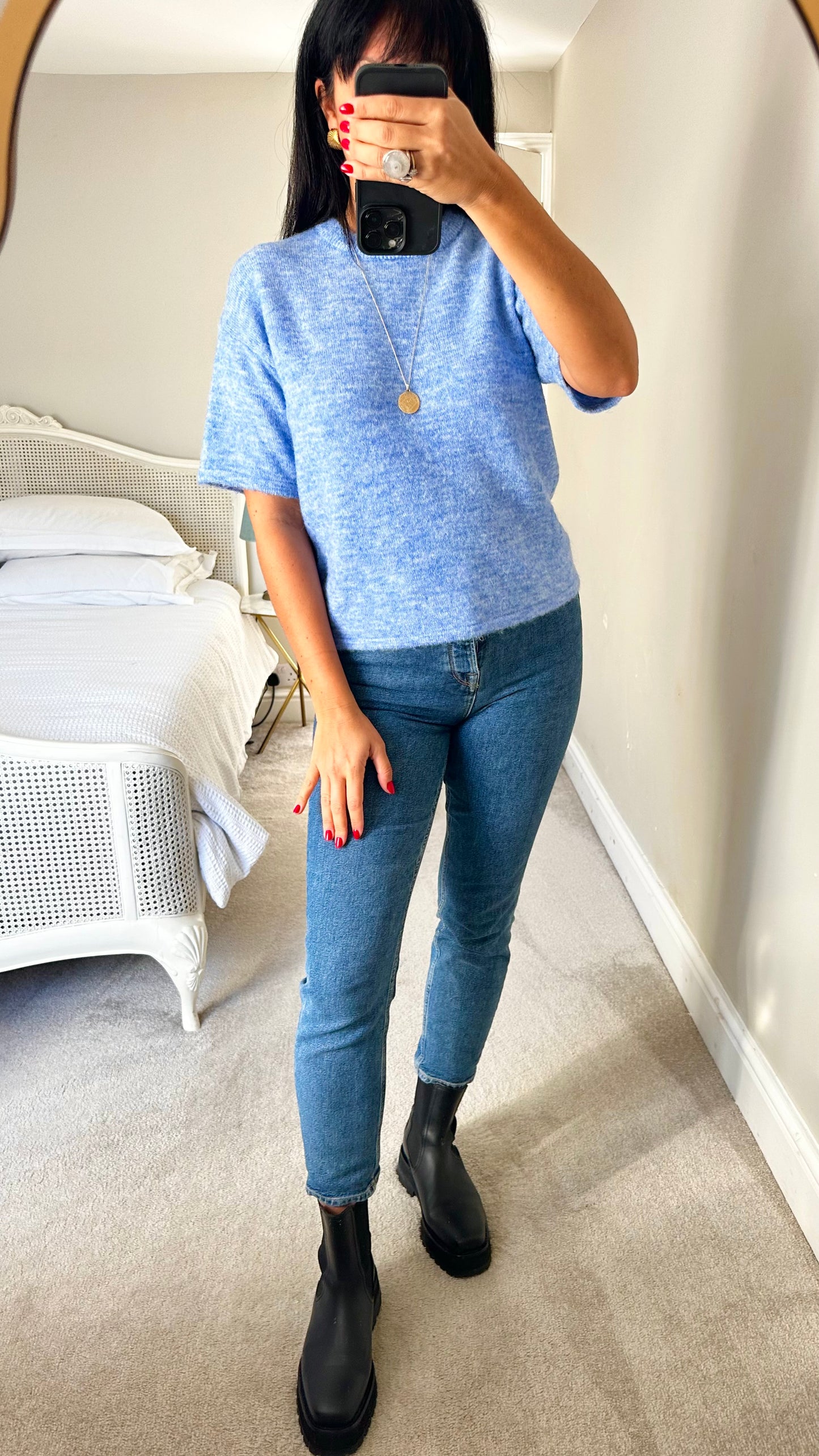 Selected femme @Anthropologie light blue merino wool blend short sleeve knitted jumper small S UK 8 NWT