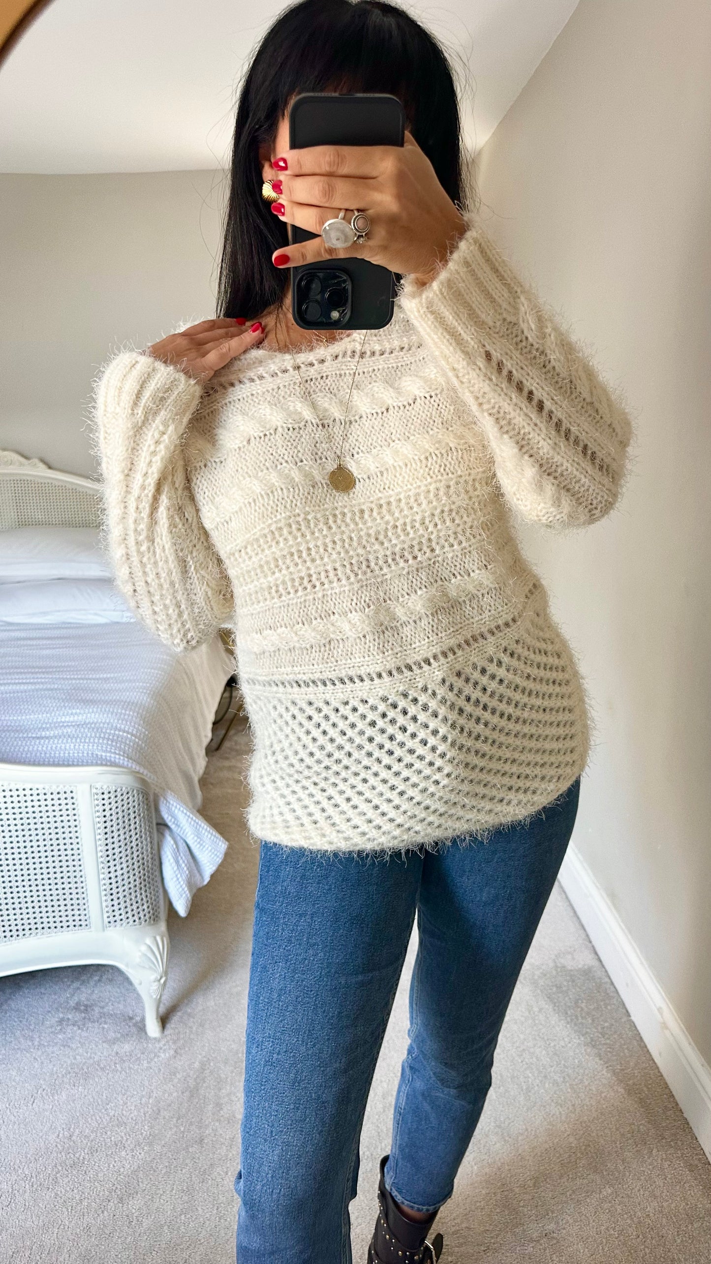 Olive white cream fluffy crotchet style longline jumper medium M UK 10 excellent used condition