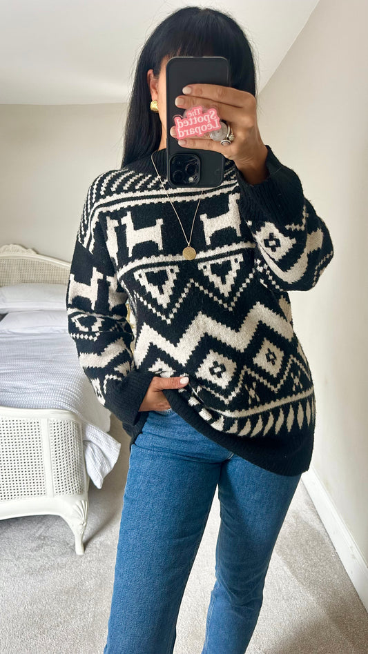 H&M black white alpaca print knitted oversized jumper small UK 8 10
