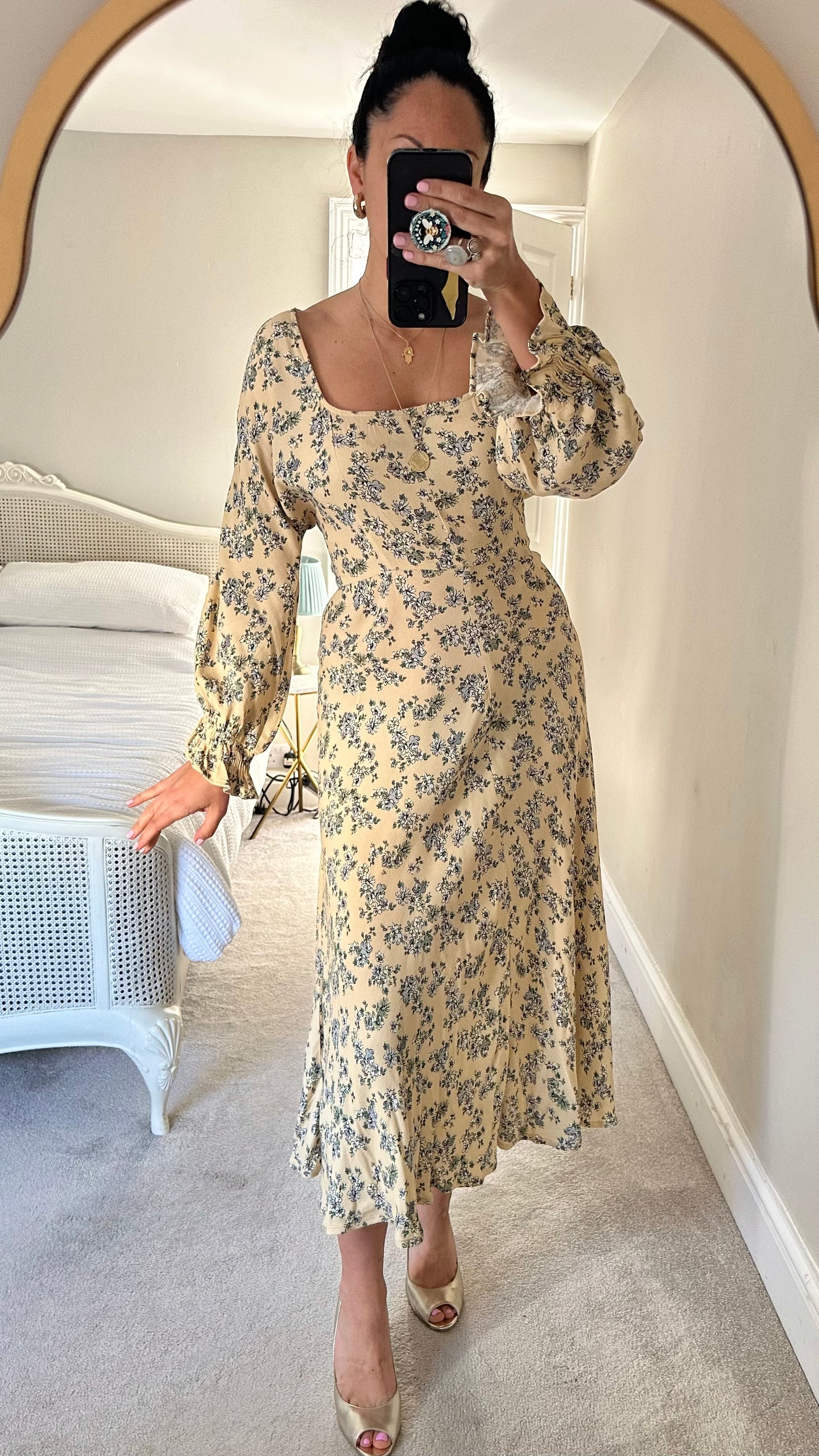 Ghost butter yellow blue grey floral event wedding guest dress extra large UK 14 vgc