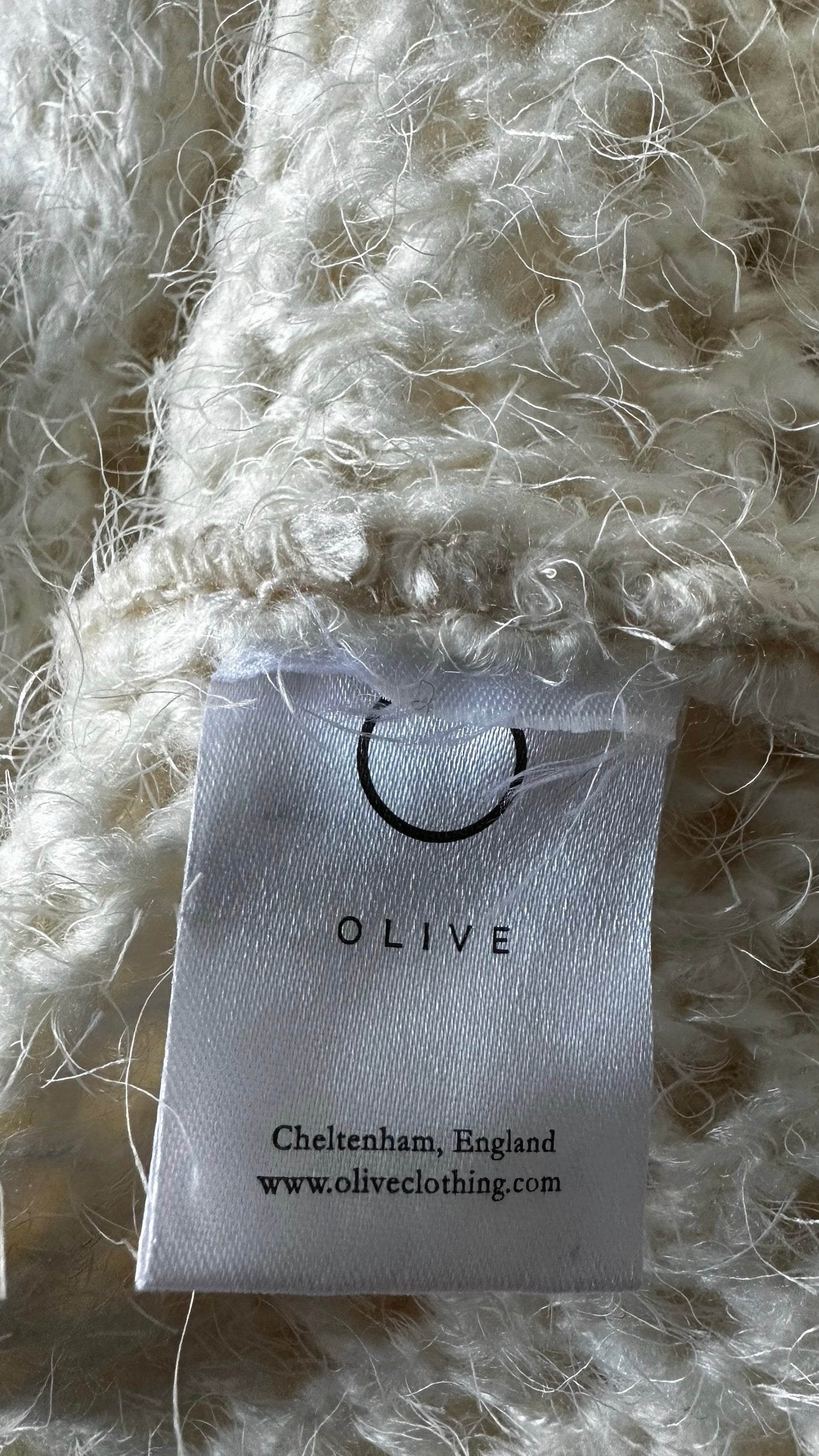 Olive white cream fluffy crotchet style longline jumper medium M UK 10 excellent used condition