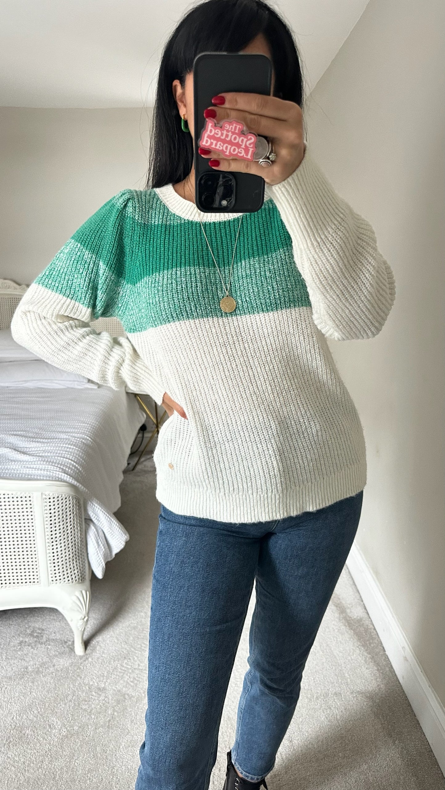 La Petite Etoile @ Anthropologie green white mohair wool blend knitted jumper medium UK 10 vgc