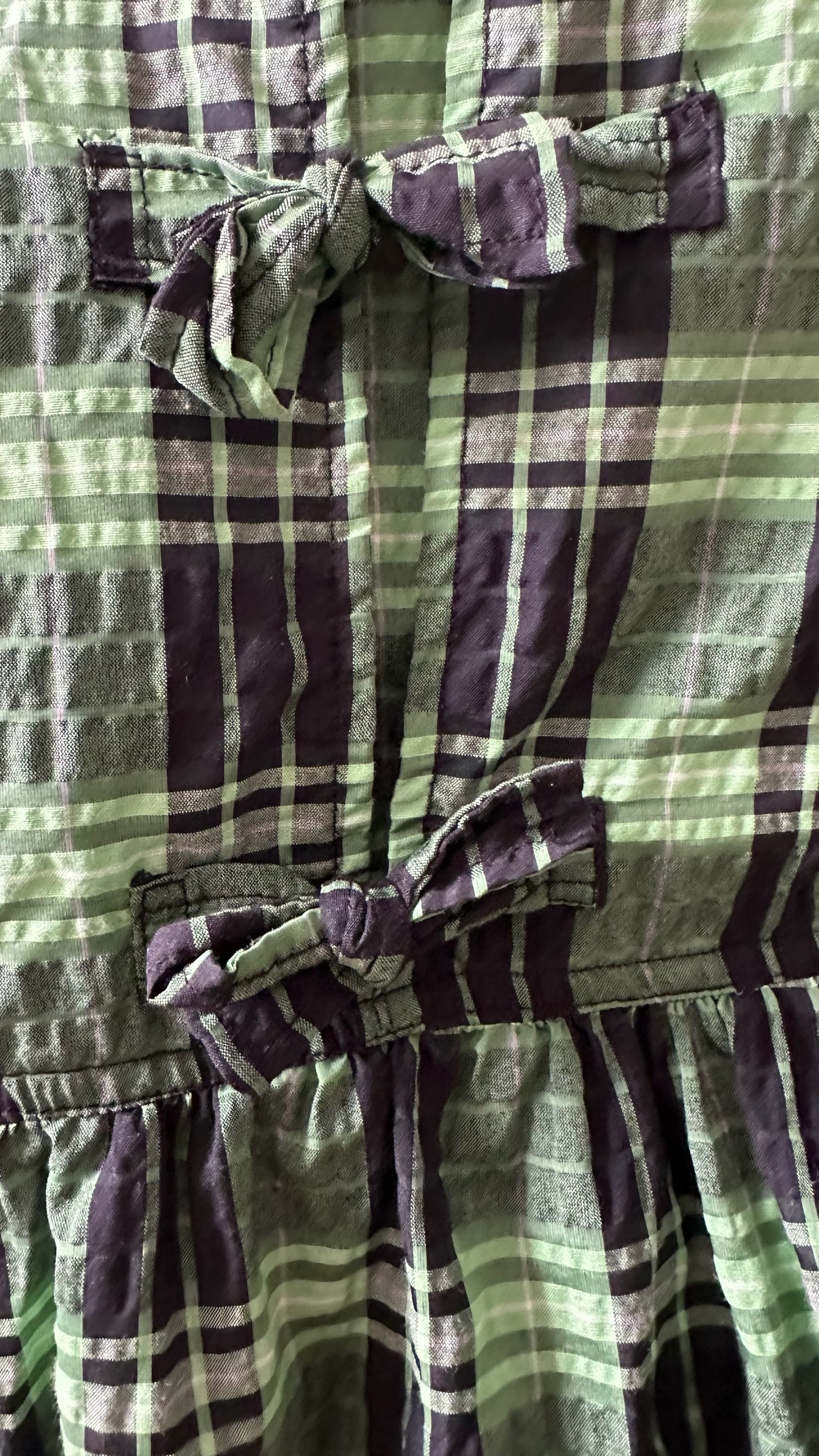 Ganni green black check bow tie front mini dress small UK 8 vgc w25
