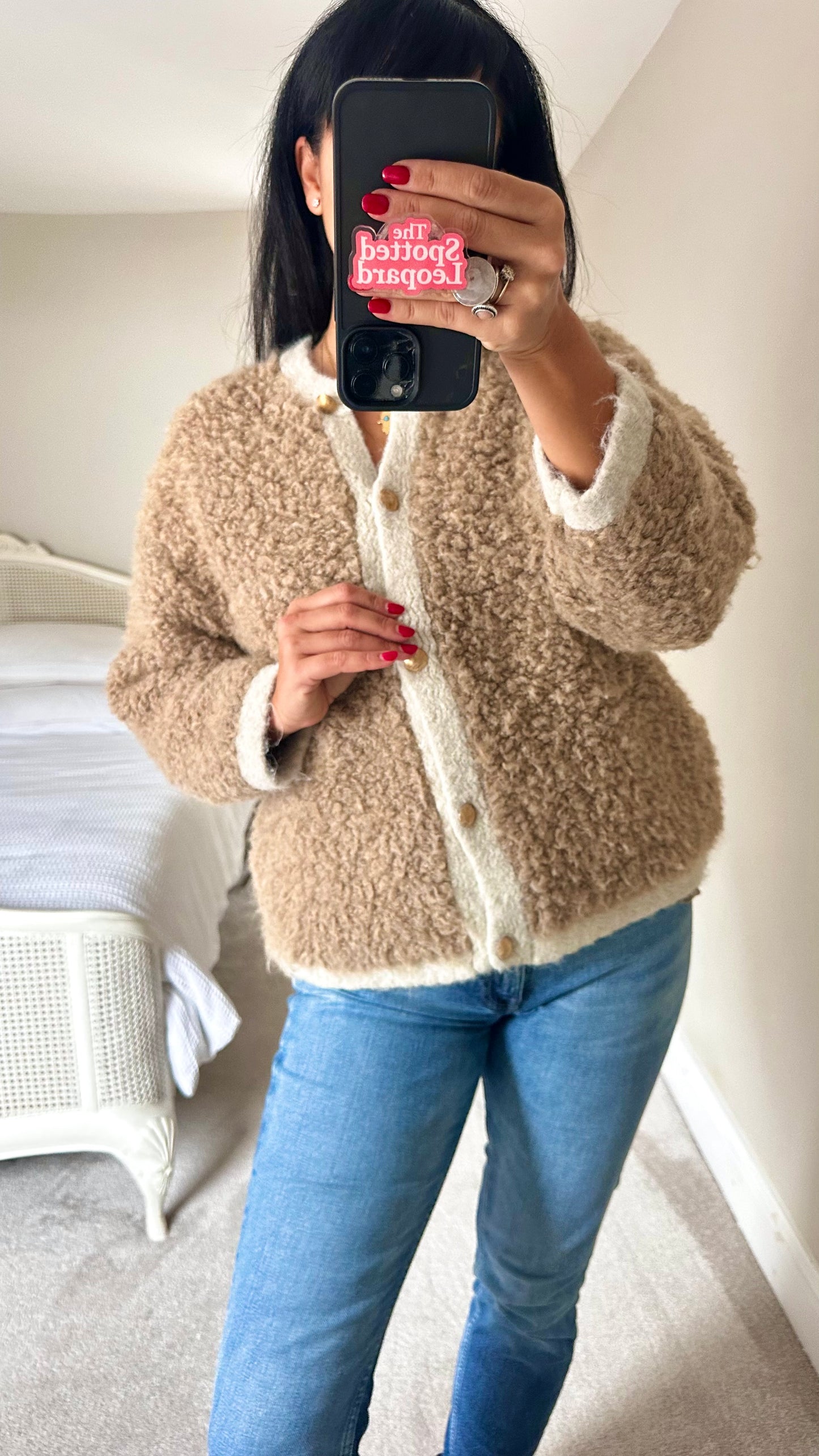 Karen Millen beige cream knitted cardigan jumper wool blend medium UK 10-12 vgc
