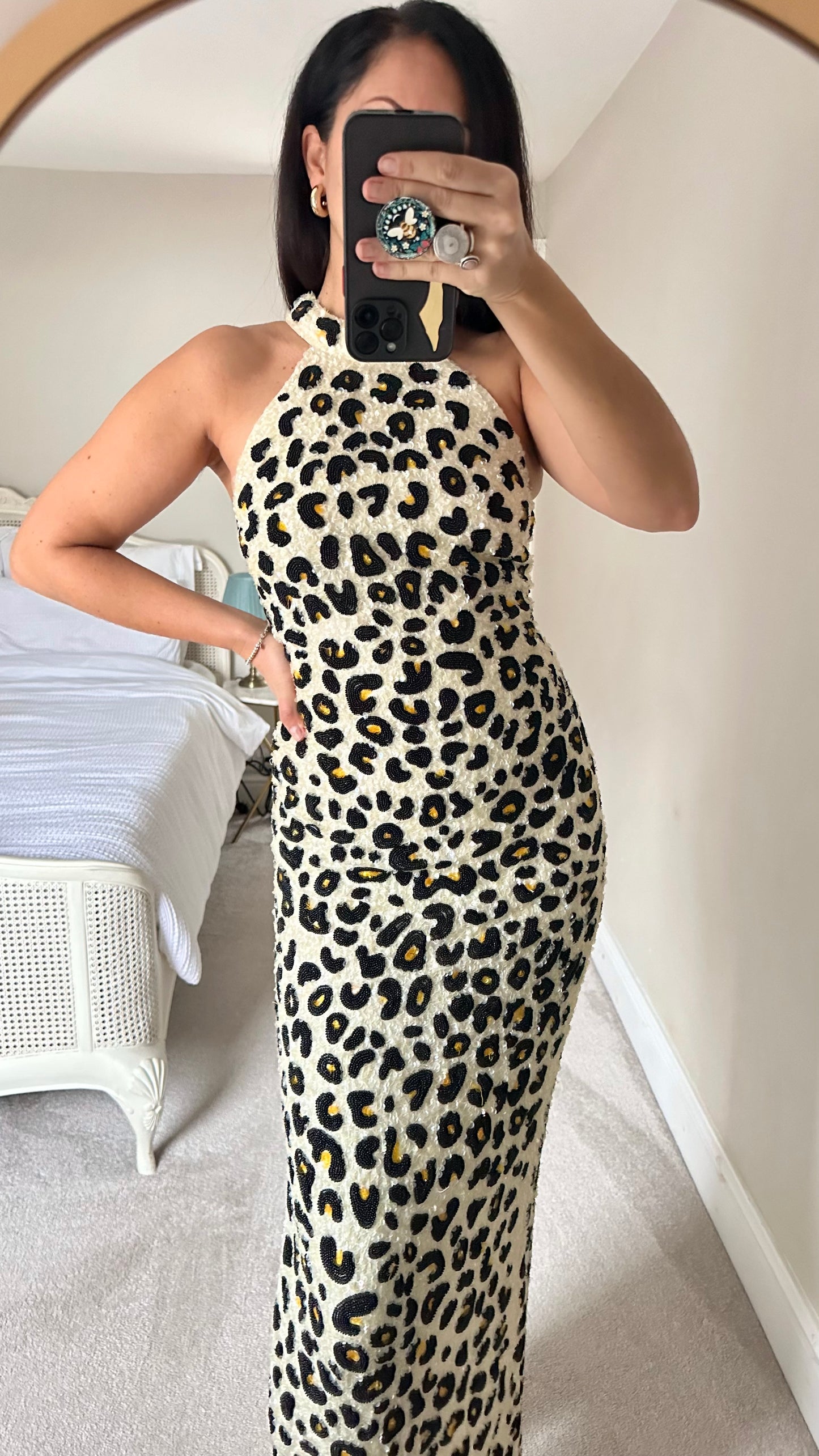 ASOS black tie party gala dress maxi long small UK 8 leopard print sequin leopard print