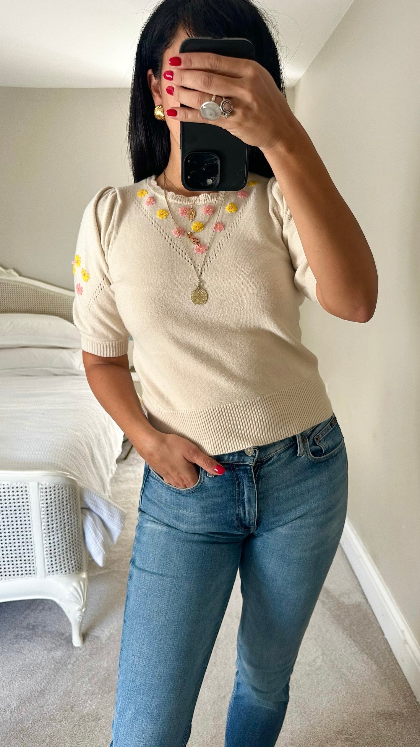 Oliver bonas cream pink floral vintage knitted top medium UK 10 vgc