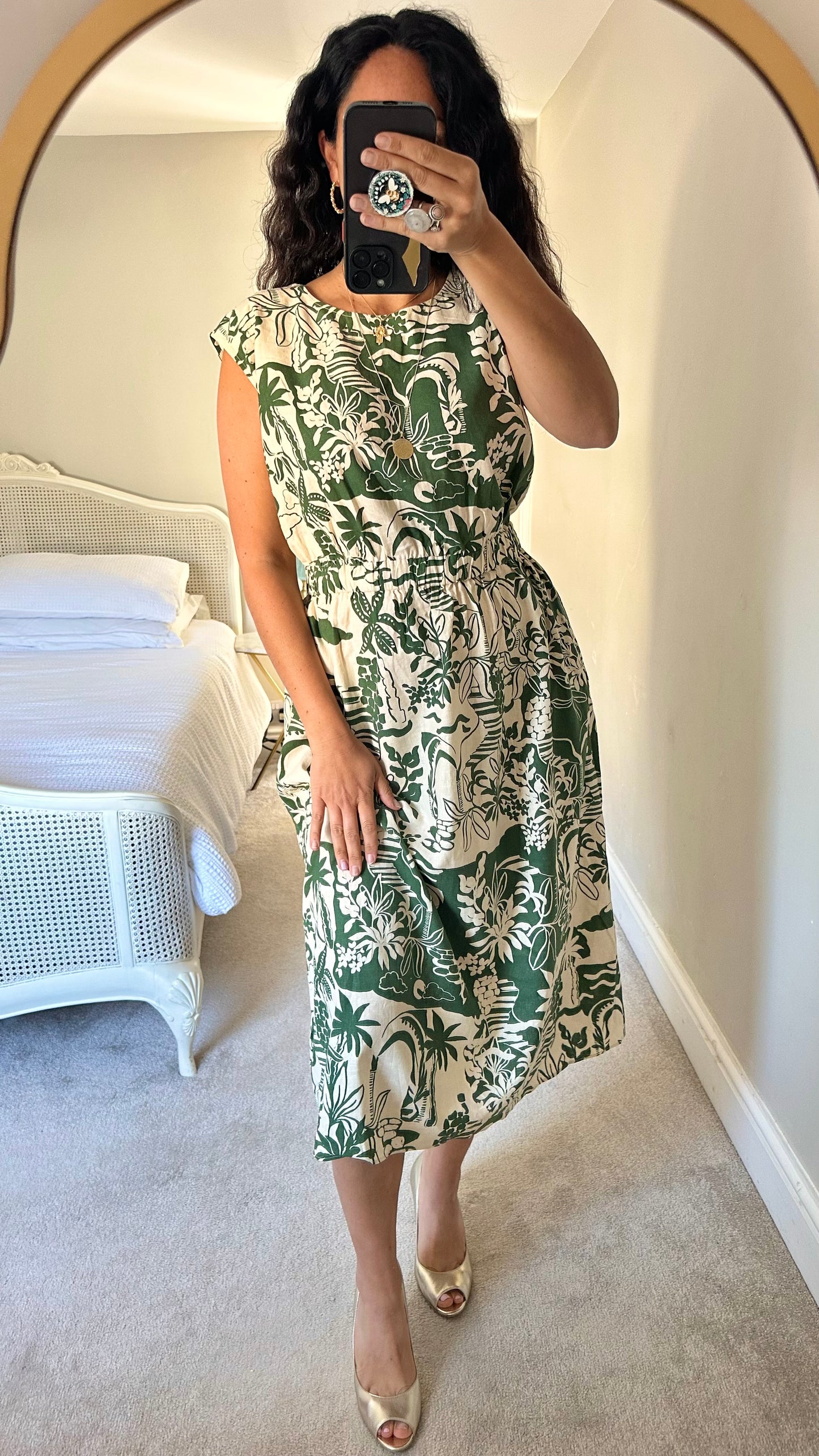 Feather & Bone @ Anthropologie Green cream holiday palm print linen blend dress UK 10-12