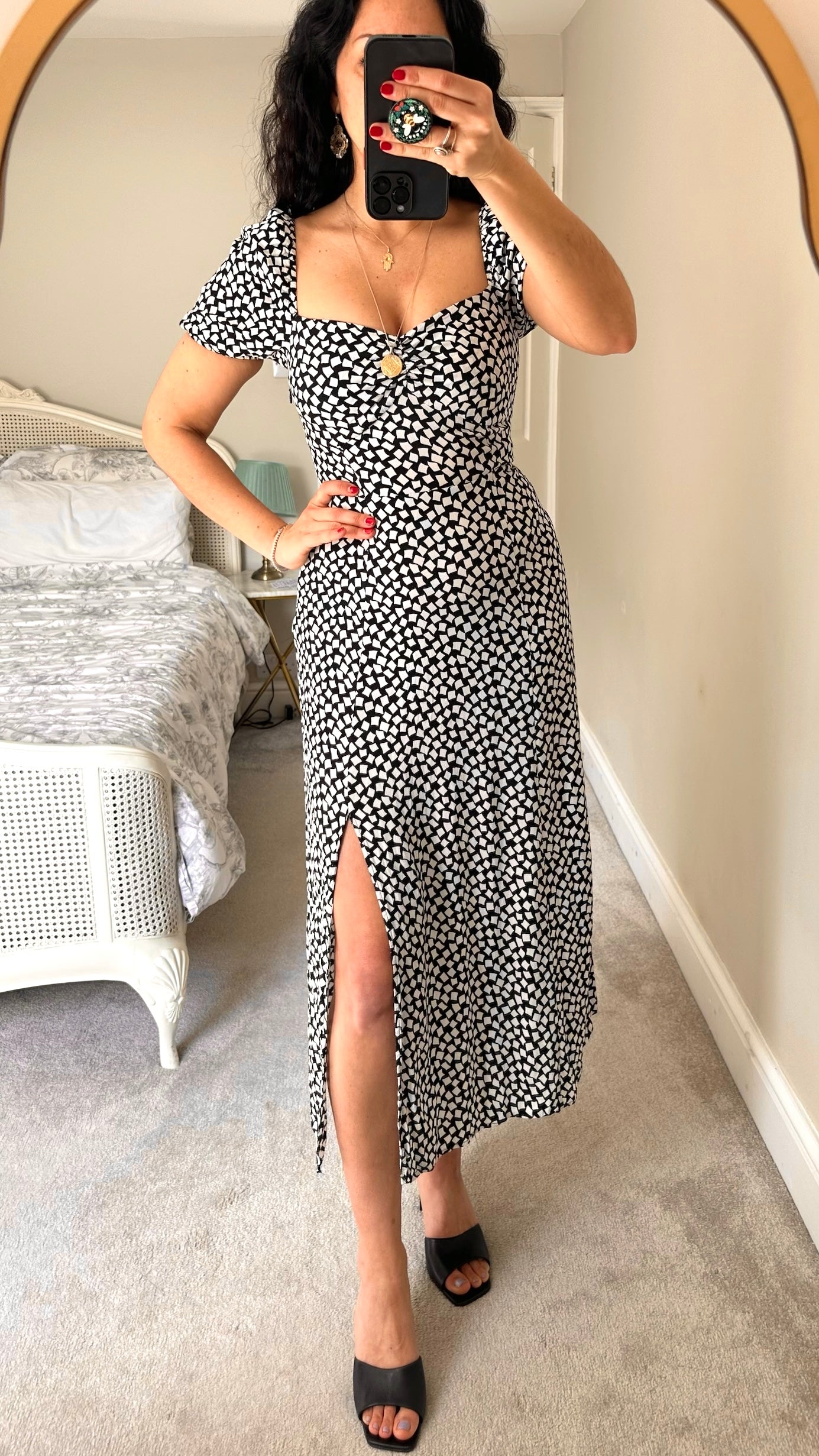 & other stories black and white square print split midi dress large UK 12-14 vgc