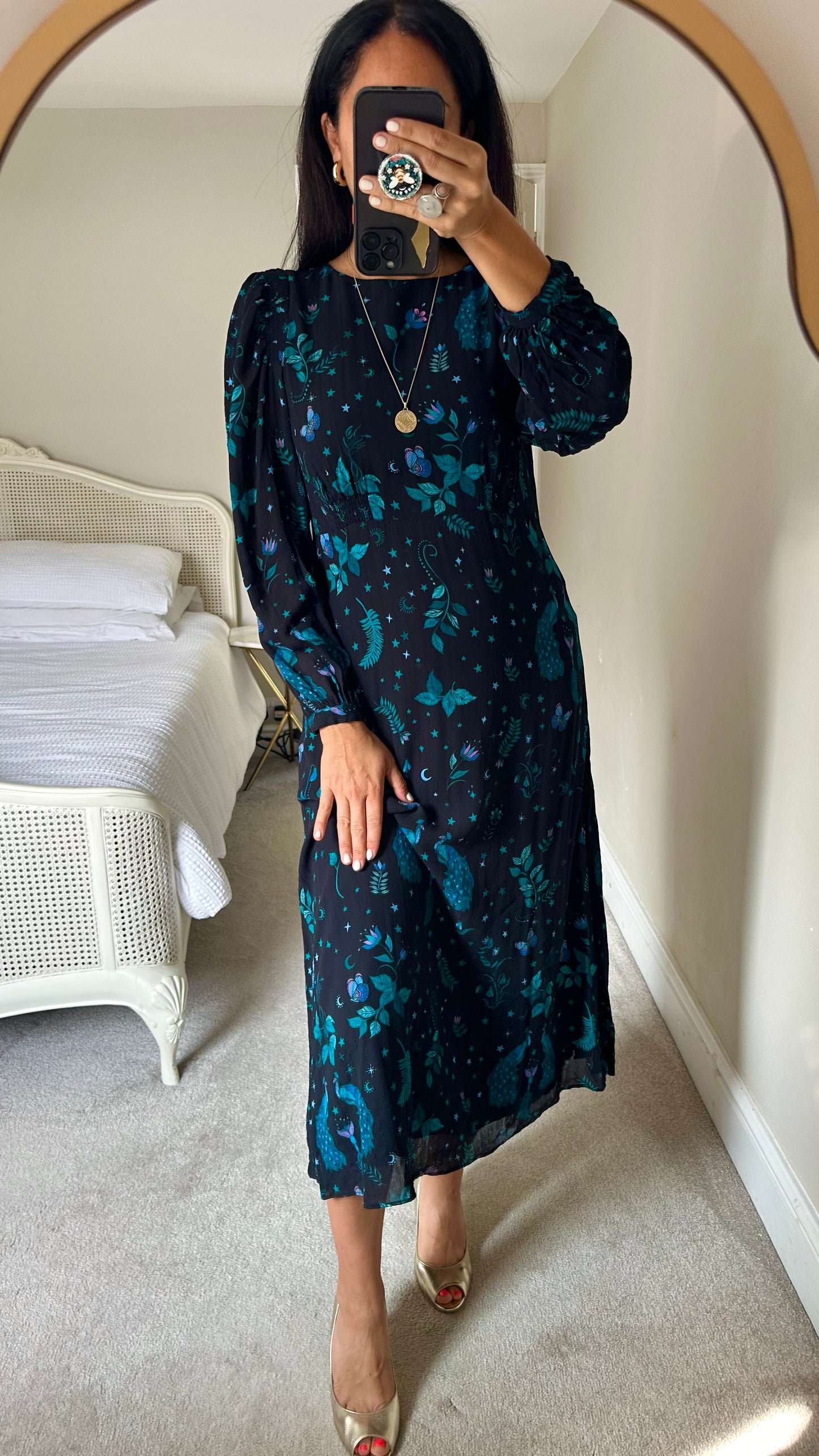Oliver Bonas black turquoise blue peacock bird fern butterfly mystic gothic Faye dress large UK 12 event vgc