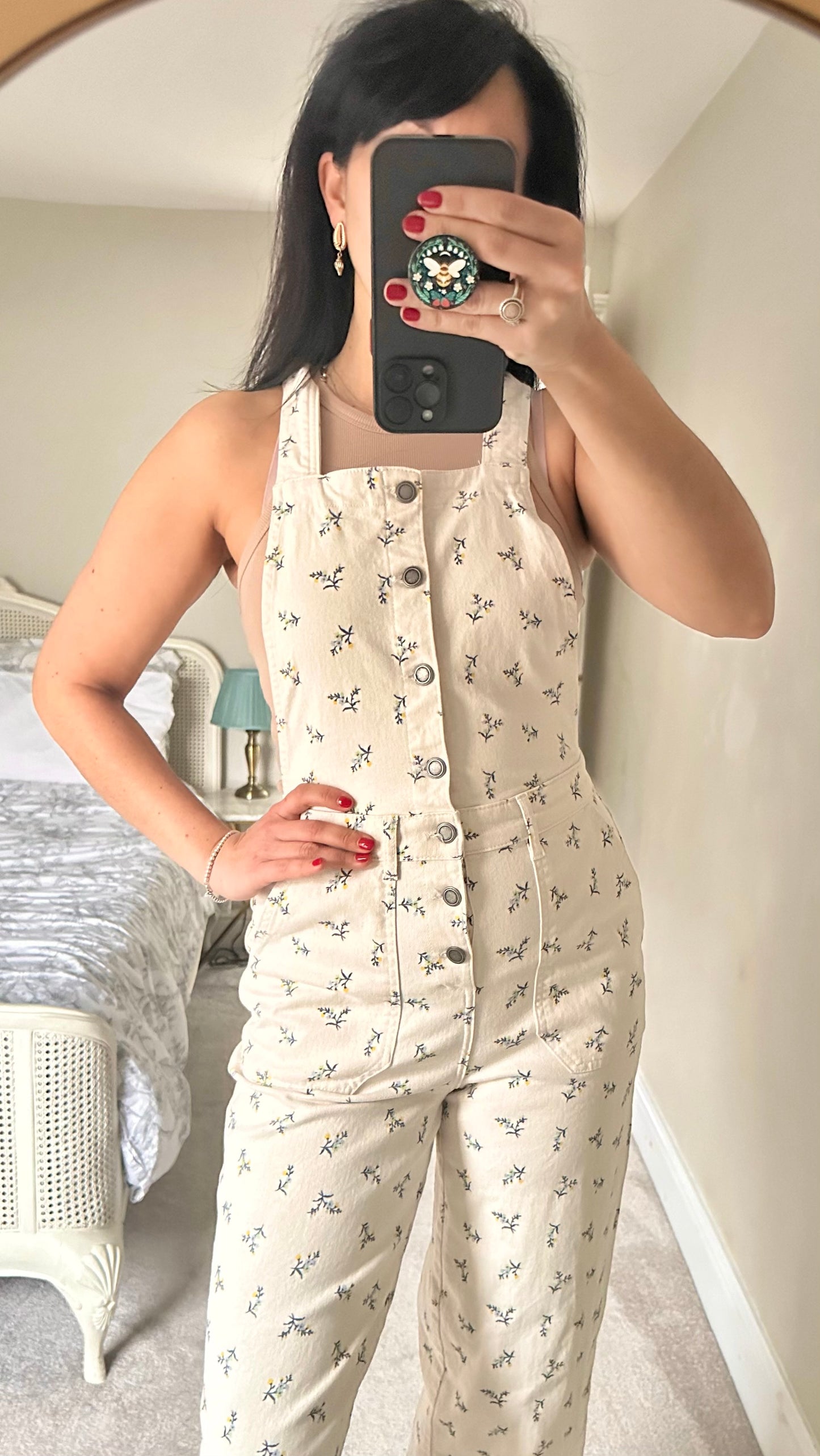 Oliver Bonas cream vintage flower print dungarees jumpsuit extra large UK 12 14 vgc