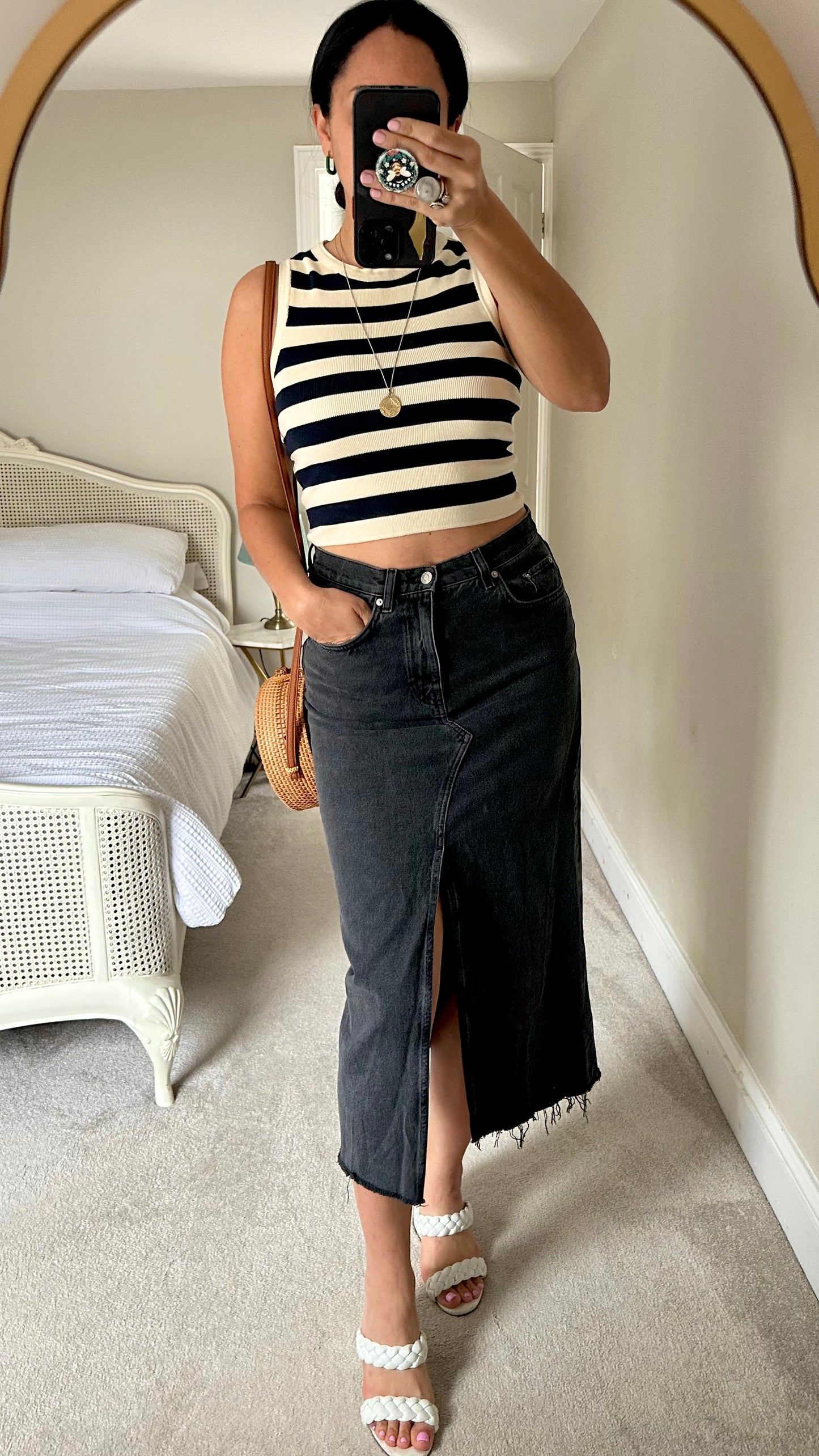 & other stories black denim longline front split skirt medium UK 10 vgc