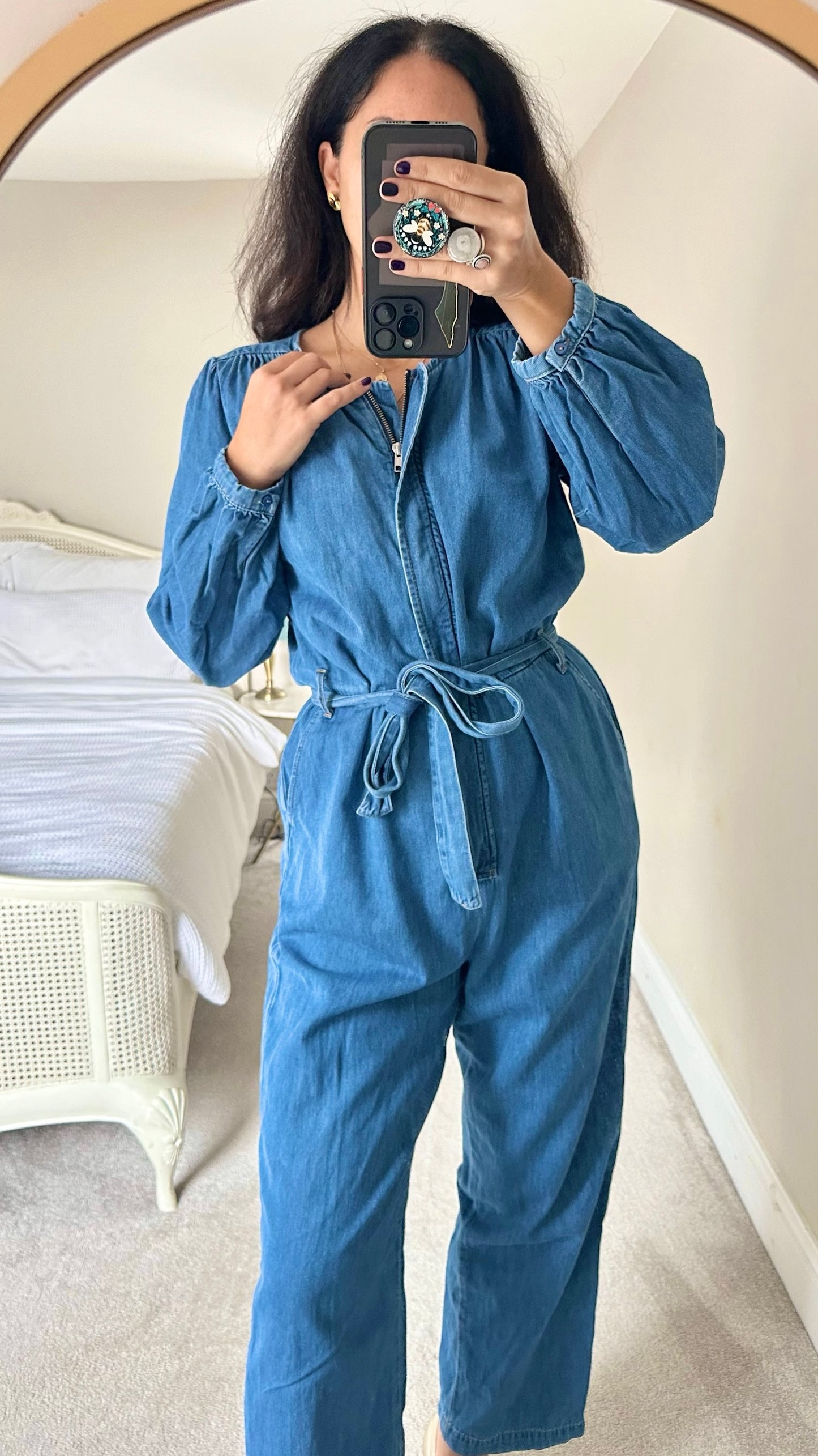 Oliver Bonas light blue denim tie waist jumpsuit boilersuit extra large UK 14 vgc