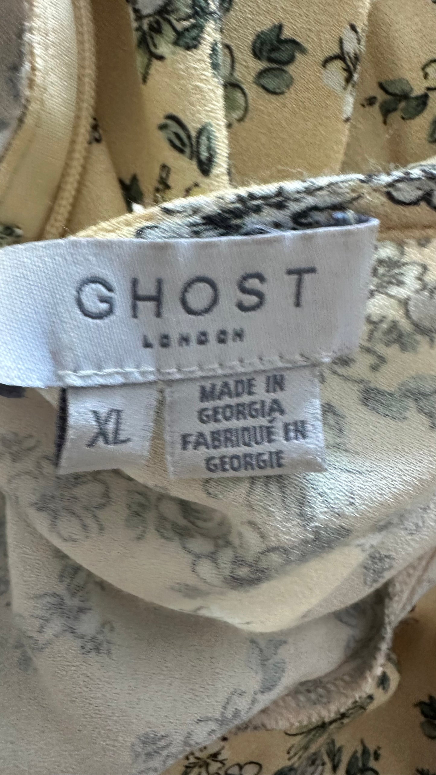 Ghost butter yellow blue grey floral event wedding guest dress extra large UK 14 vgc