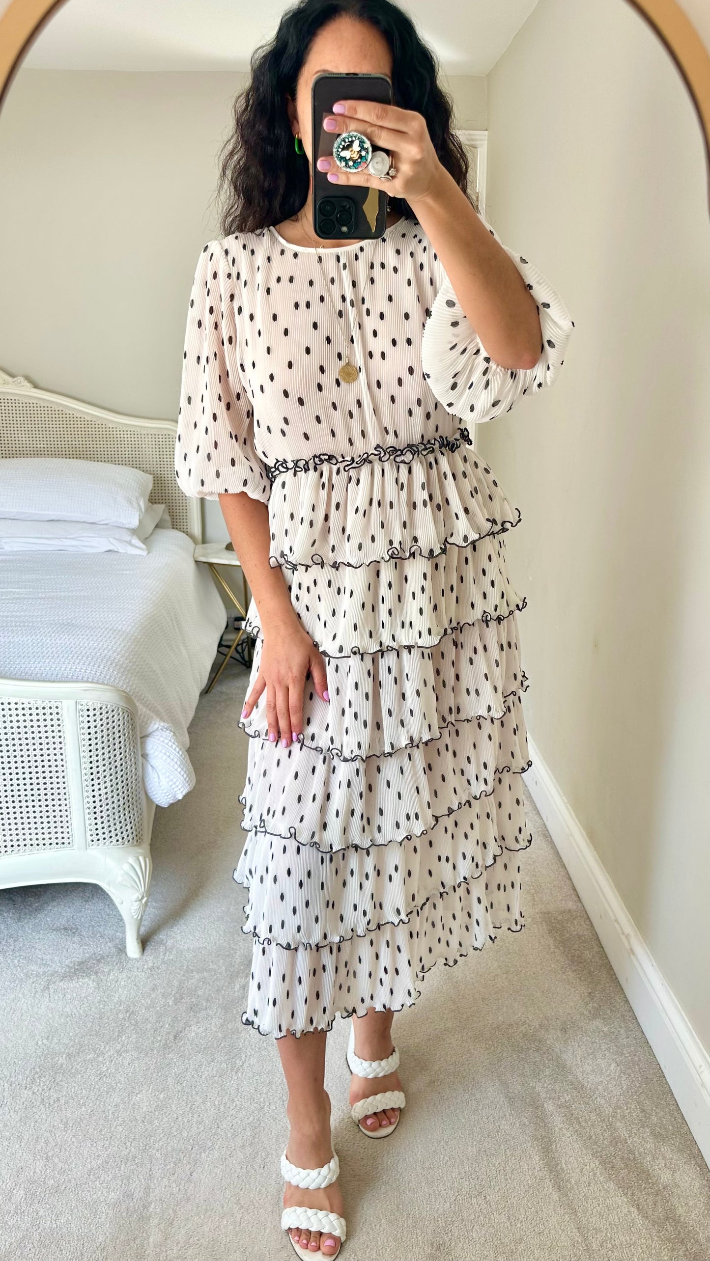 Ganni @ Net a Porter white cream black polka dot tiered maxi midi occasion event dress large UK 12 vgc