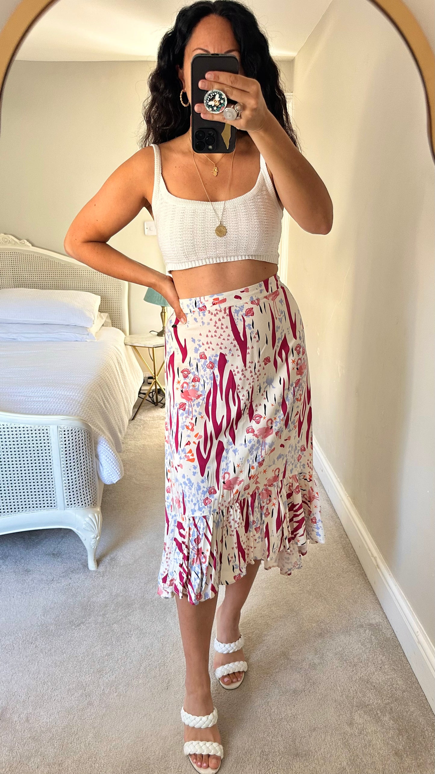 Numph @ Anthropologie pink white flamingo print high low midi skirt large UK 12 vgc