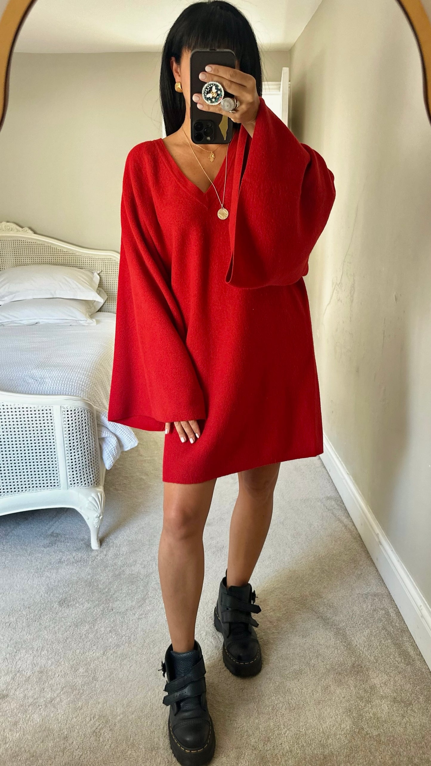 Cos bright red oversize sleeve pure wool knitted jumper mini dress extra large XL UK 14-16 BNWT
