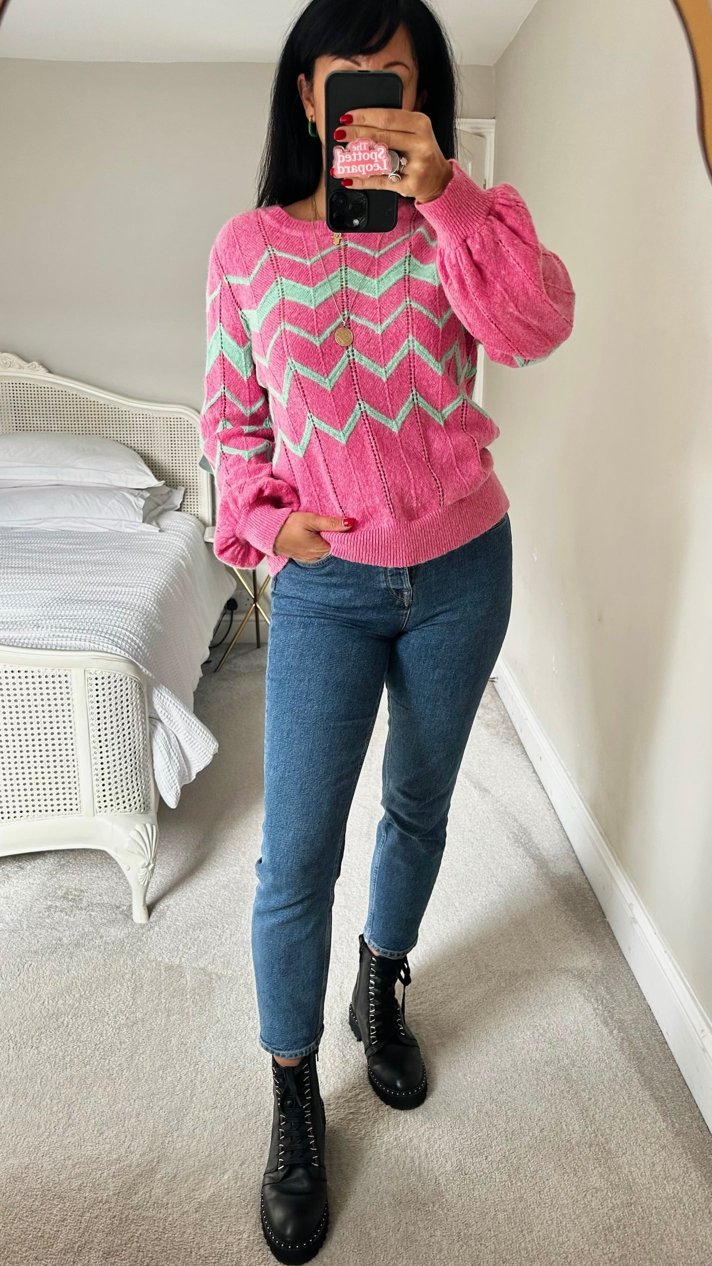 HUSH pink green zigzag stripe alpaca blend knitted jumper UK 12 vgc