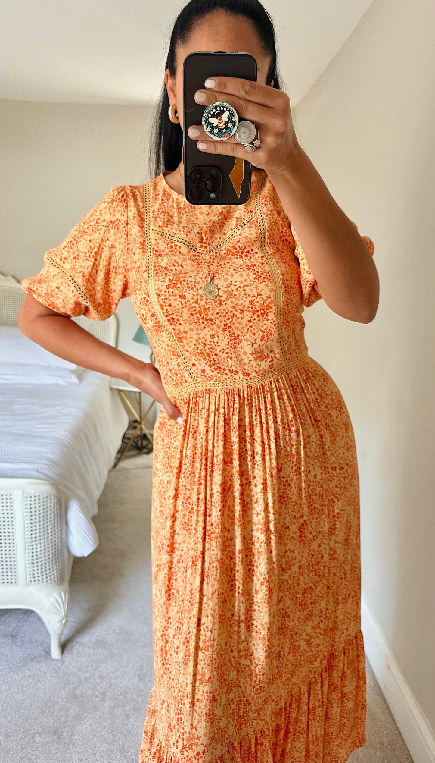 Oliver Bonas orange coral floral long midi dress small extra large UK 8 14 vgc