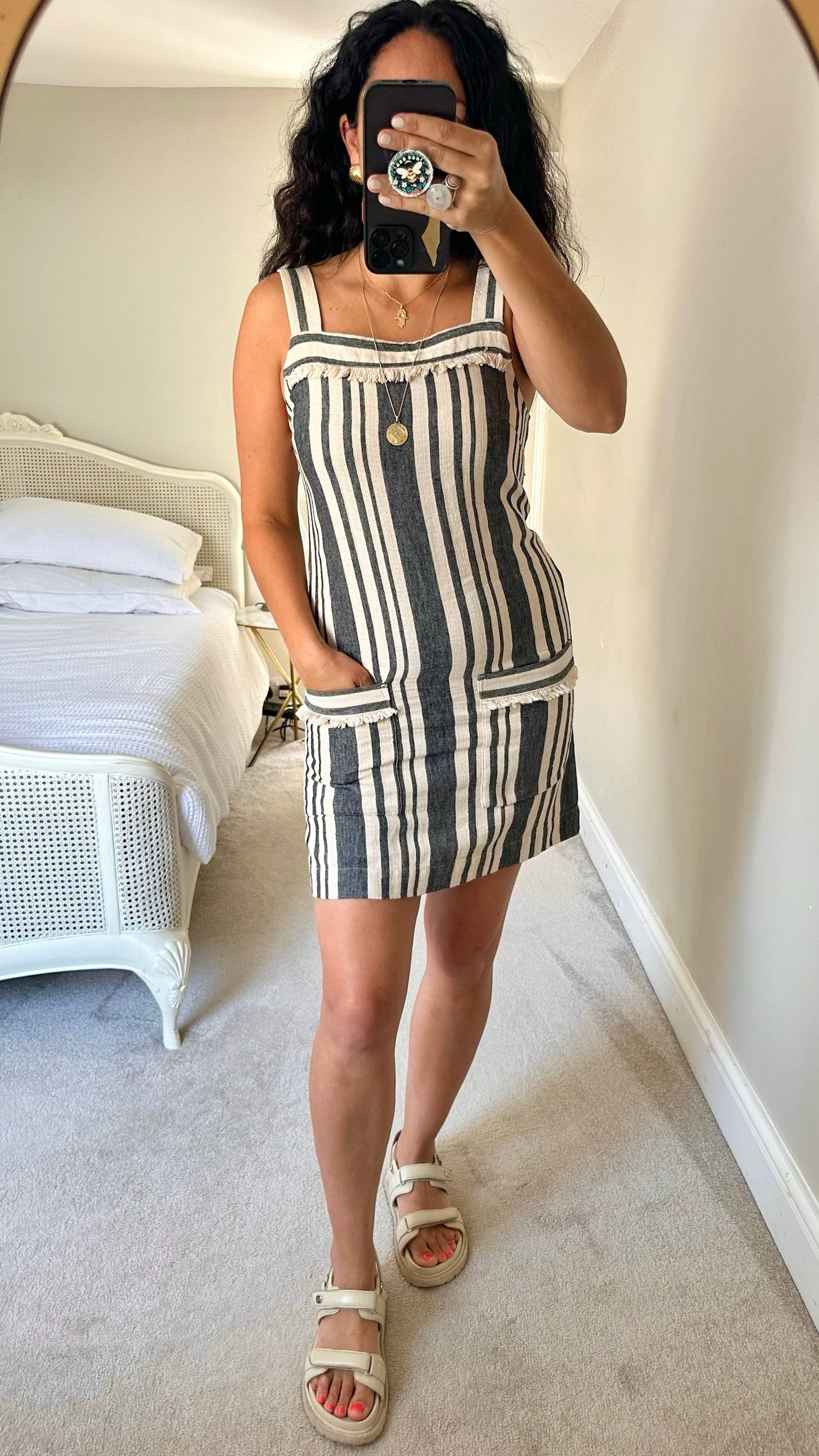 Whistles cream beige grey stripe linen blend mini holiday dress medium M UK 10 vgc