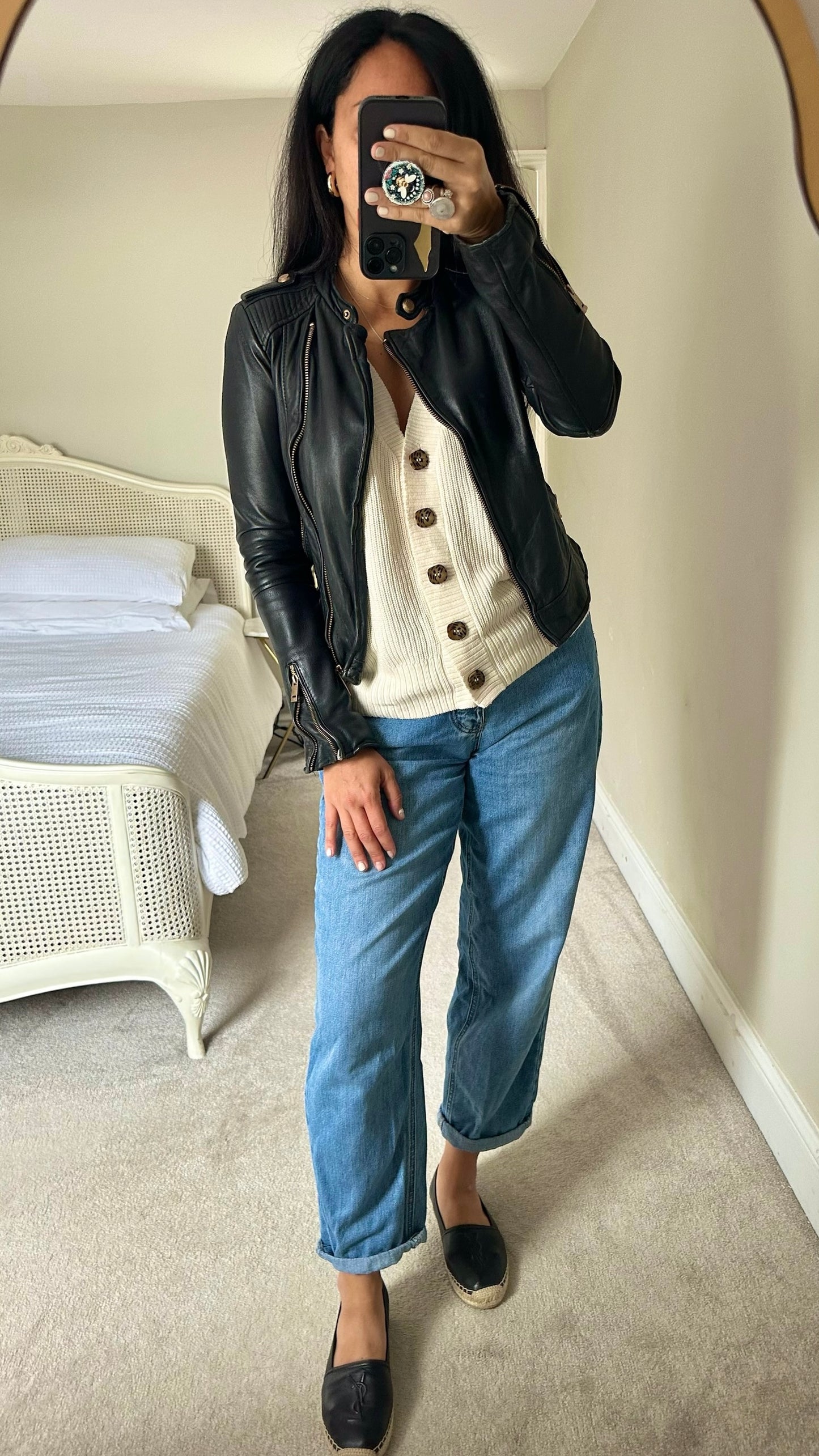 Zara black real leather zip up jacket small S UK 8 vgc