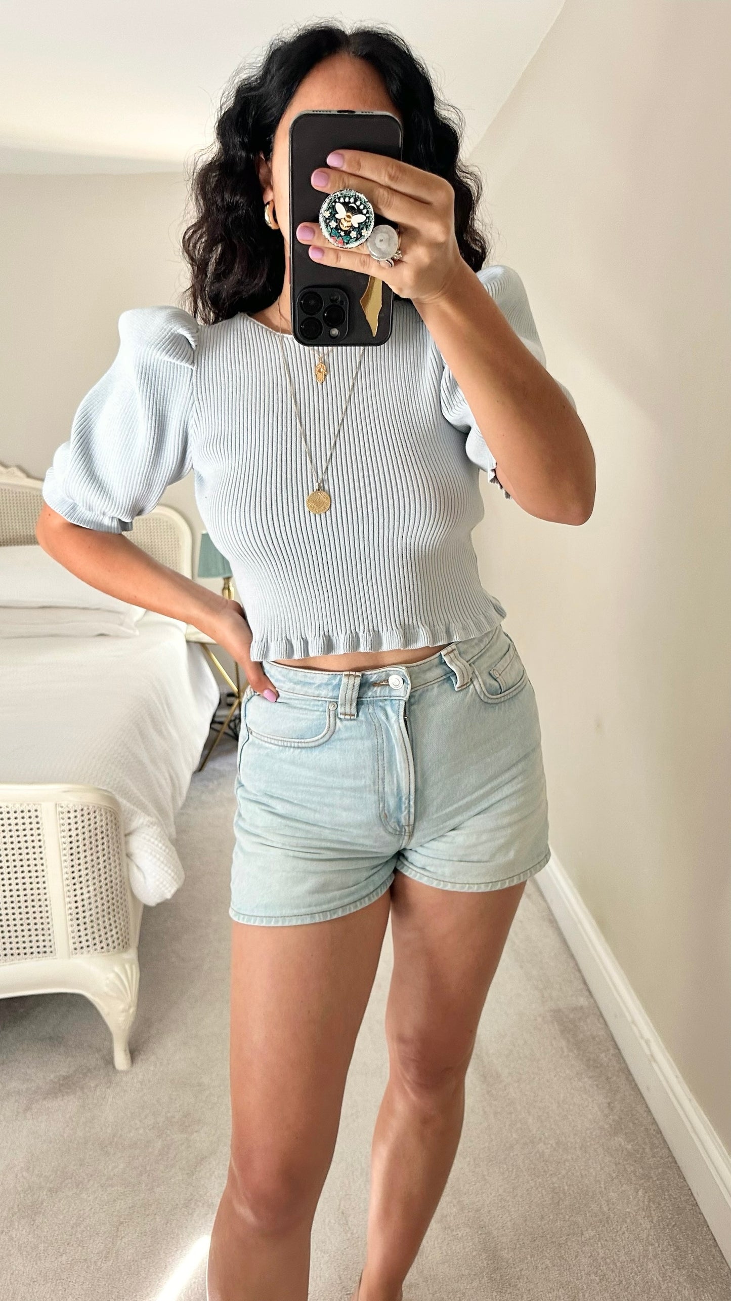 Zara blue ribbed knit top medium M UK 10 vgc