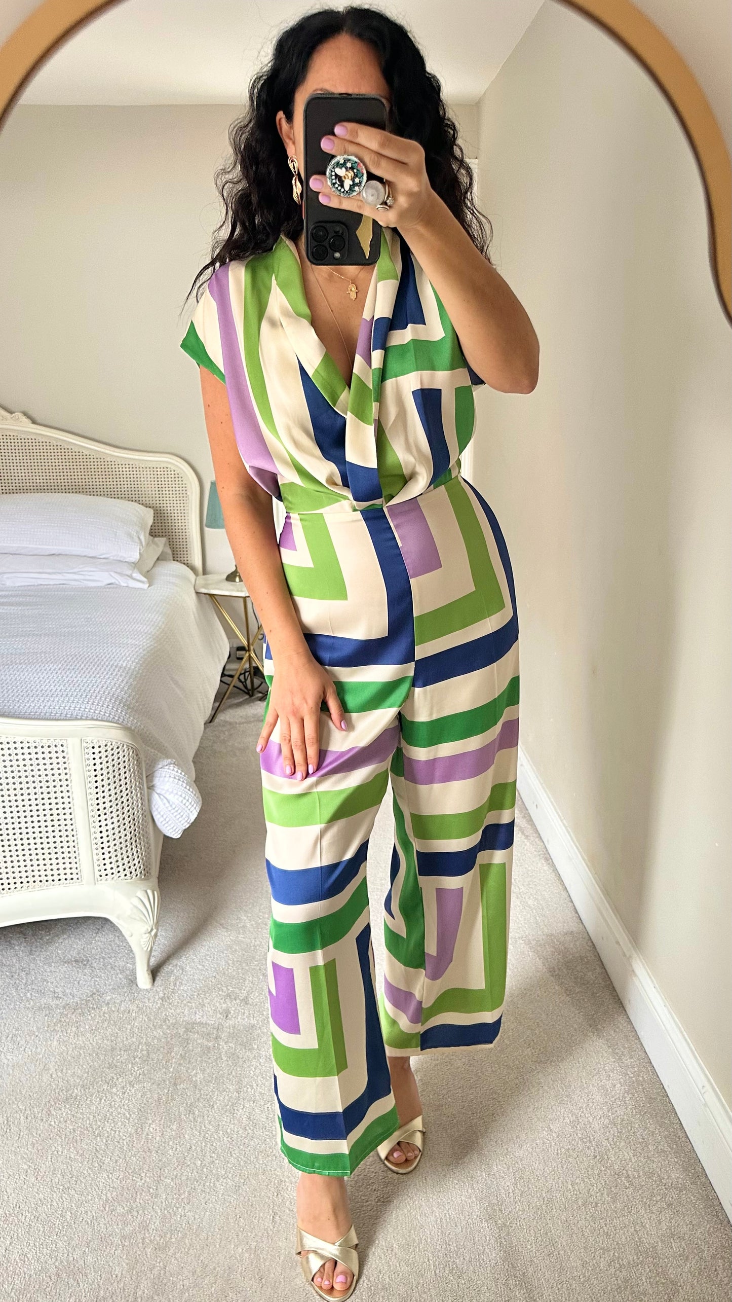 Mango cream lilac green geometric jumpsuit playsuit satin feel event small extra large UK 8 14 vgc