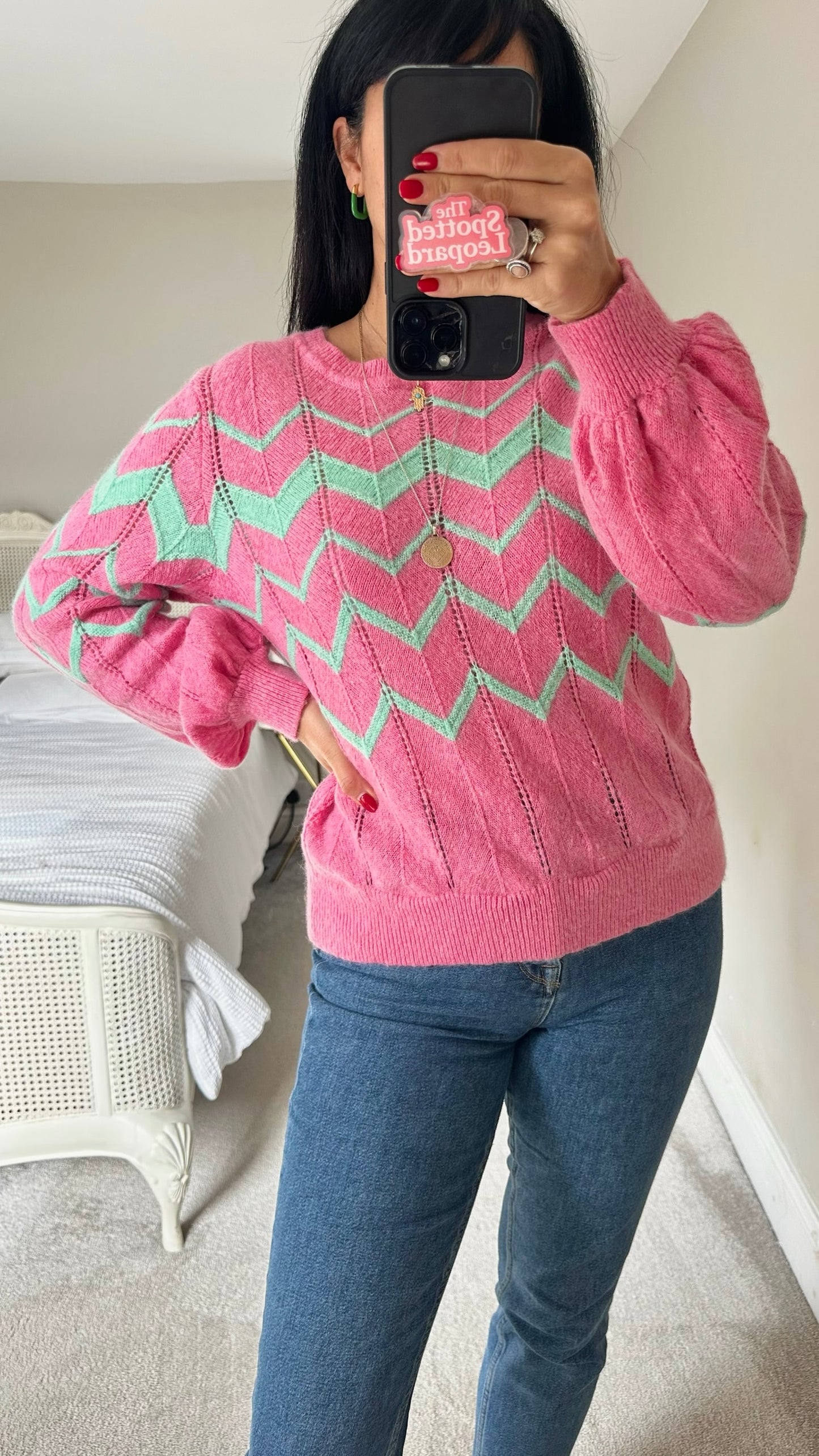 HUSH pink green zigzag stripe alpaca blend knitted jumper UK 12 vgc