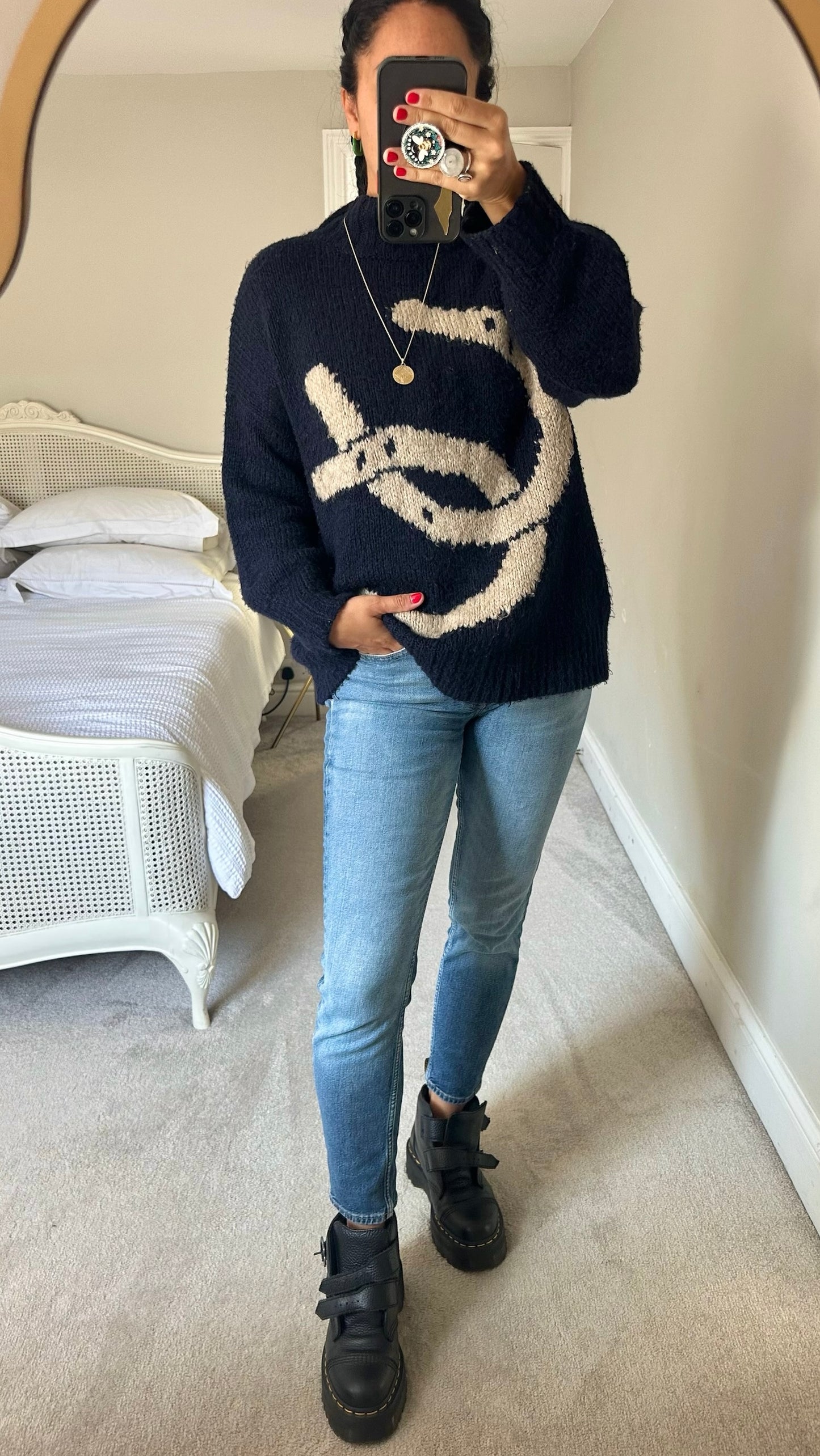 Monsoon navy blue vintage double horse shoe knitted jumper large UK 12 vgc w25
