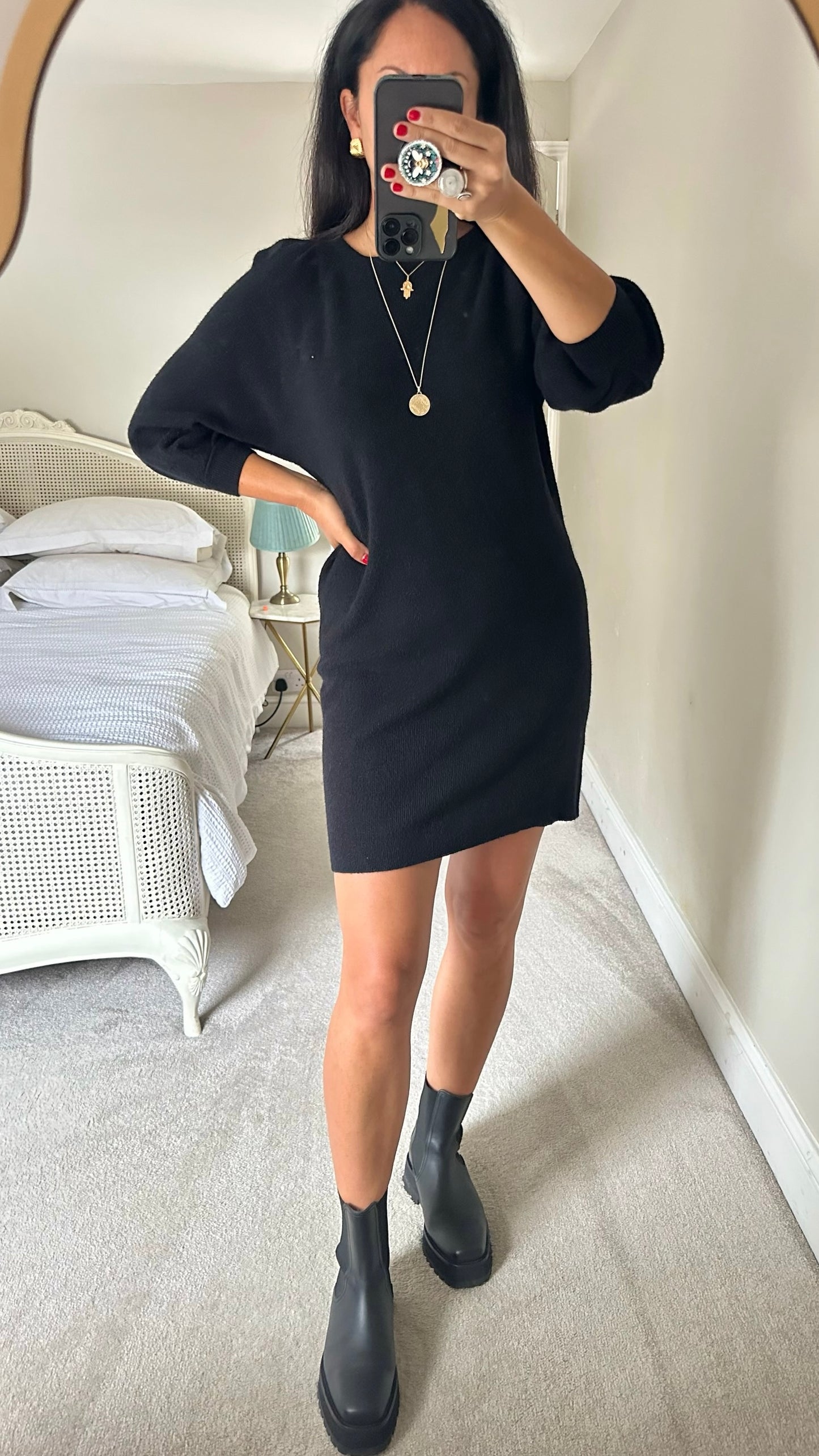 Oliver bonas black knitted midi jumper dress large UK 12 vgc w25