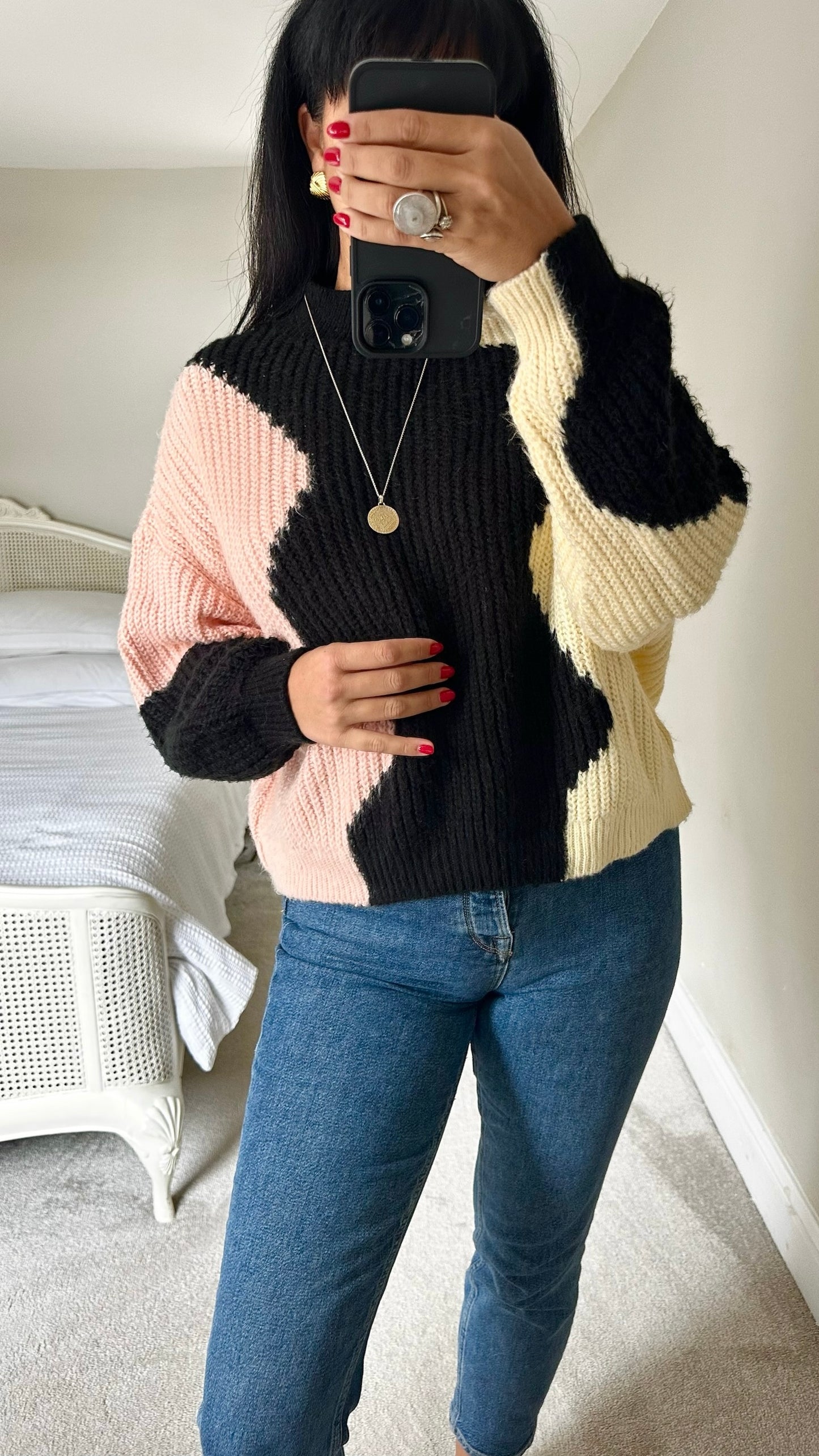 Topshop black pink yellow vintage look jumper large UK 12 vgc